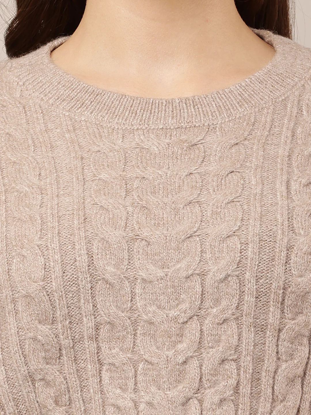 Women Light Brown Crop Round Neck Sweater - Image 5