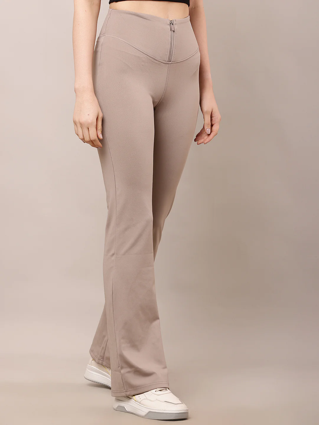 Women Light Brown High-Waist Zipper Trousers - Image 2