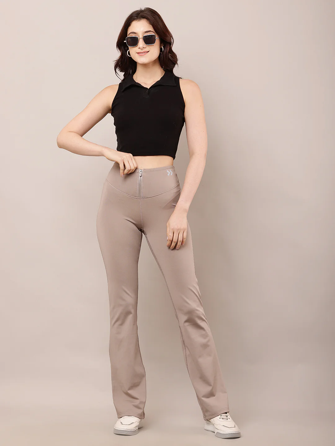 Women Light Brown High-Waist Zipper Trousers - Image 3