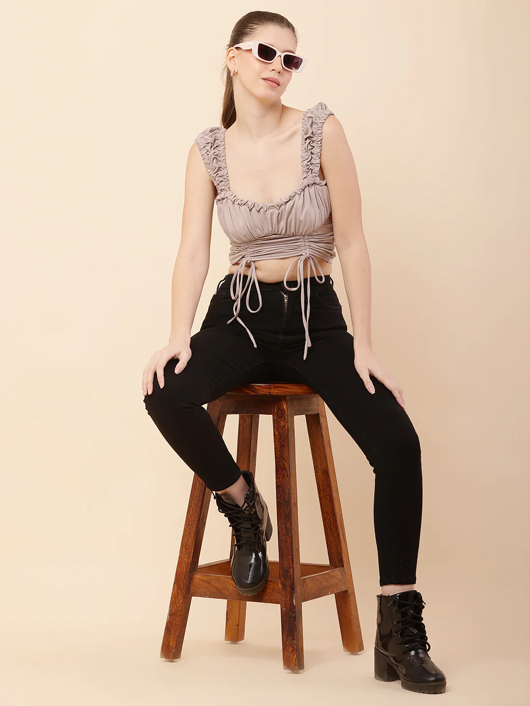 Women Light Brown Sweetheart Neck Top - Image 2