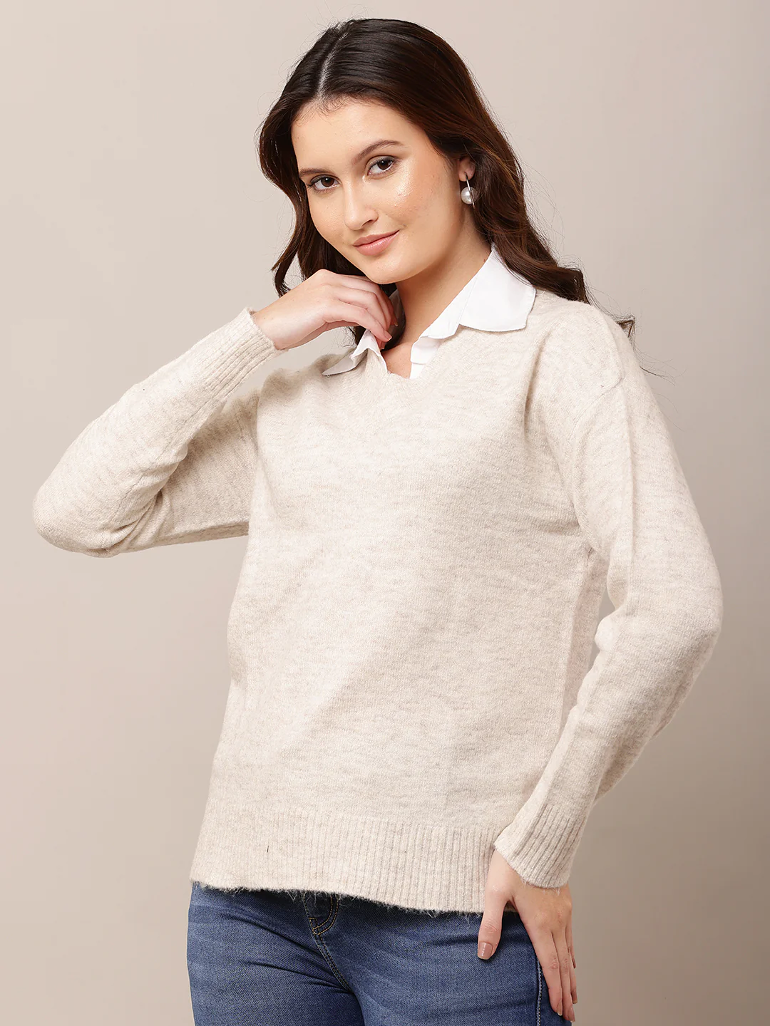 Women Light Cream V-Neck Full Sleeve Sweater - Image 2