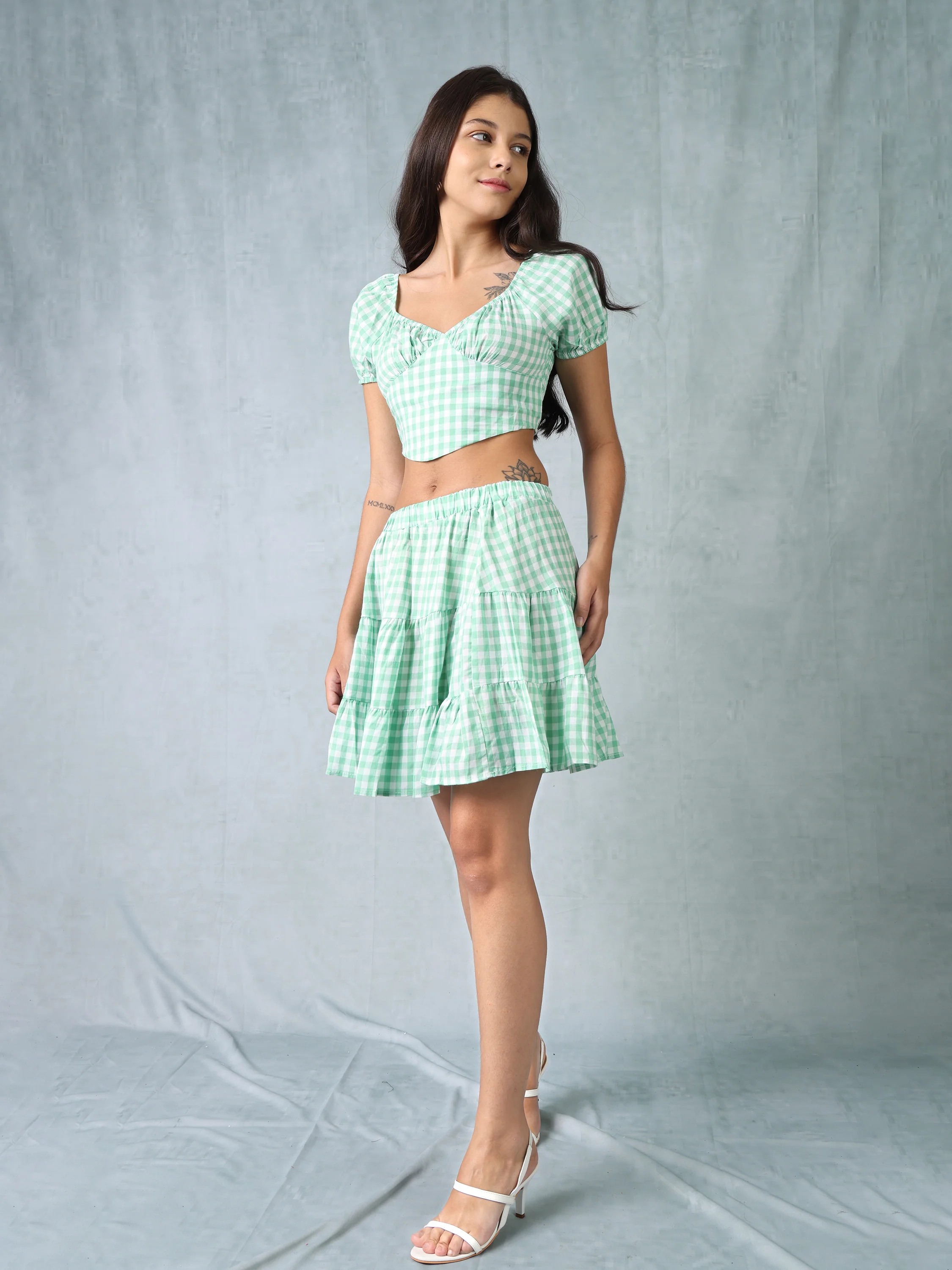 Women Light Green Checkered Co-ord Set - Image 2