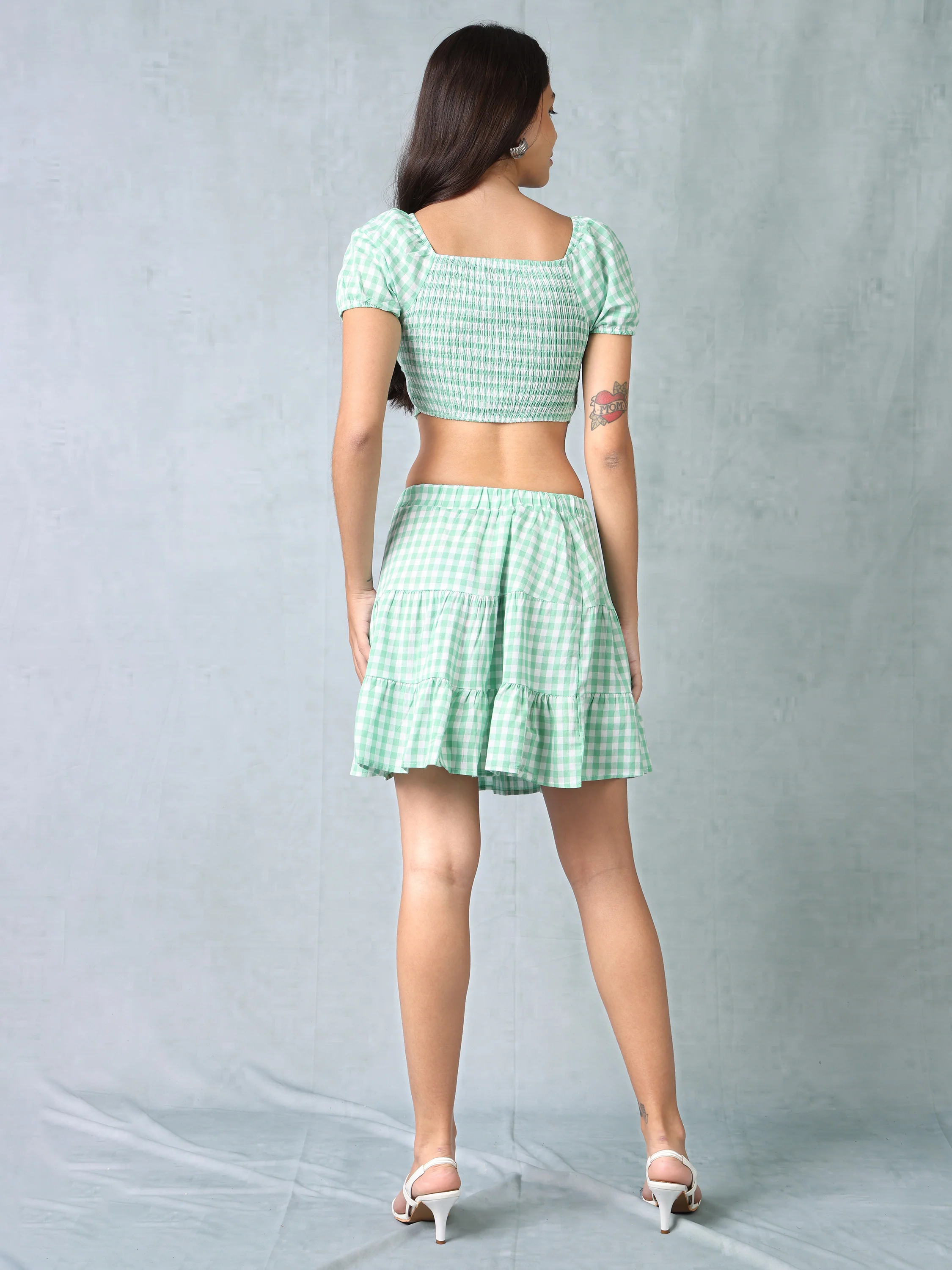 Women Light Green Checkered Co-ord Set - Image 4
