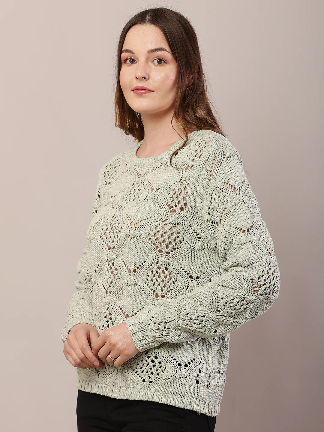 Women light green cotton full sleeve sweater - Image 2