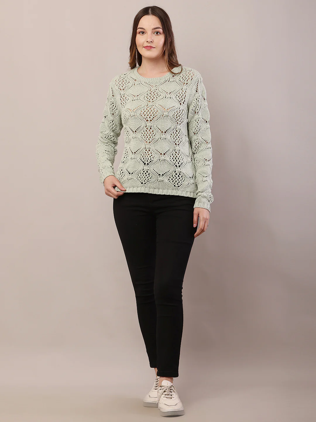 Women light green cotton full sleeve sweater - Image 3