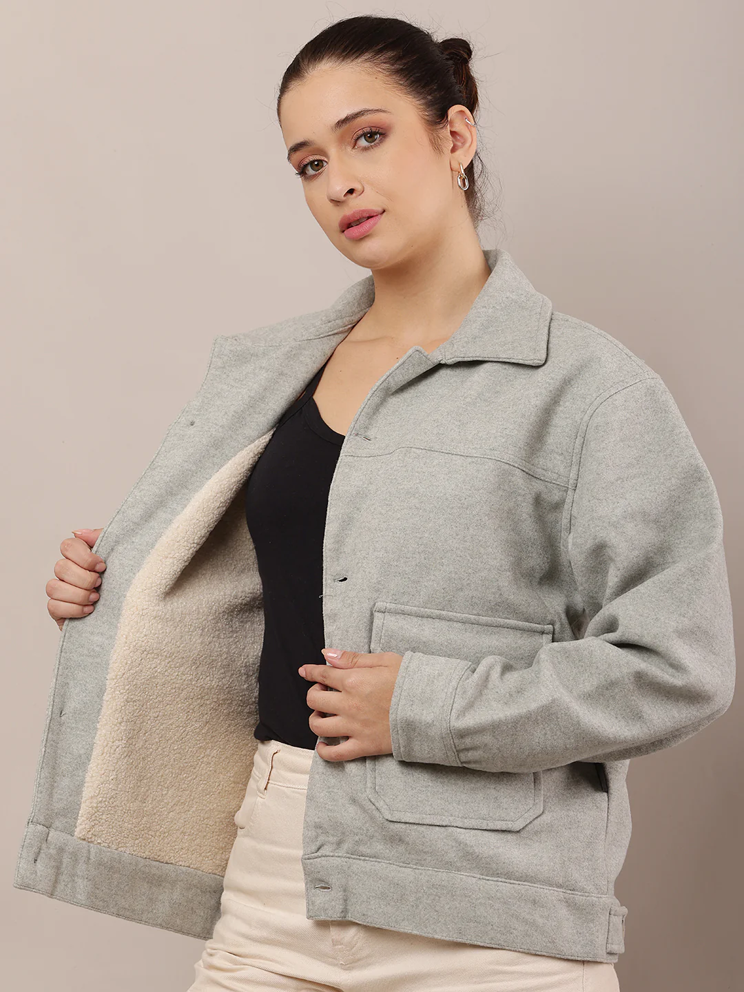 Women Light Green Cotton Jacket - Image 2