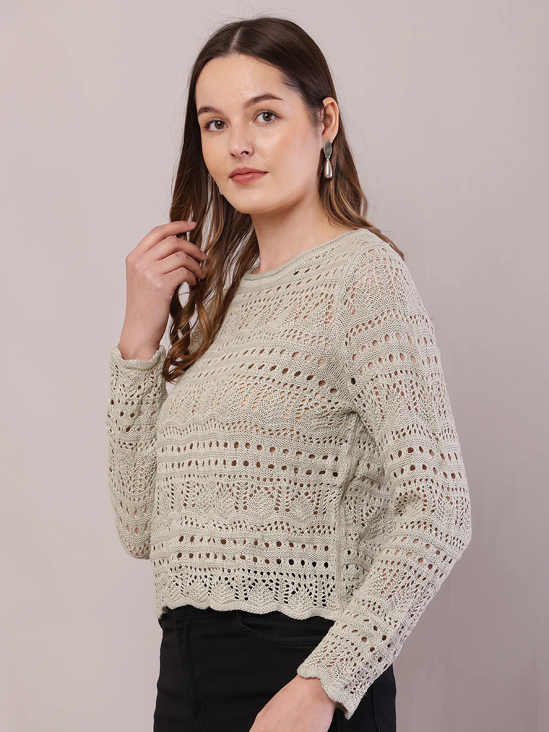 Women Light Green Polyester Boat Neck Sweater - Image 2