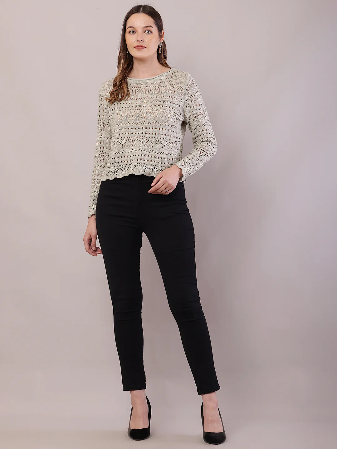 Women Light Green Polyester Boat Neck Sweater - Image 3