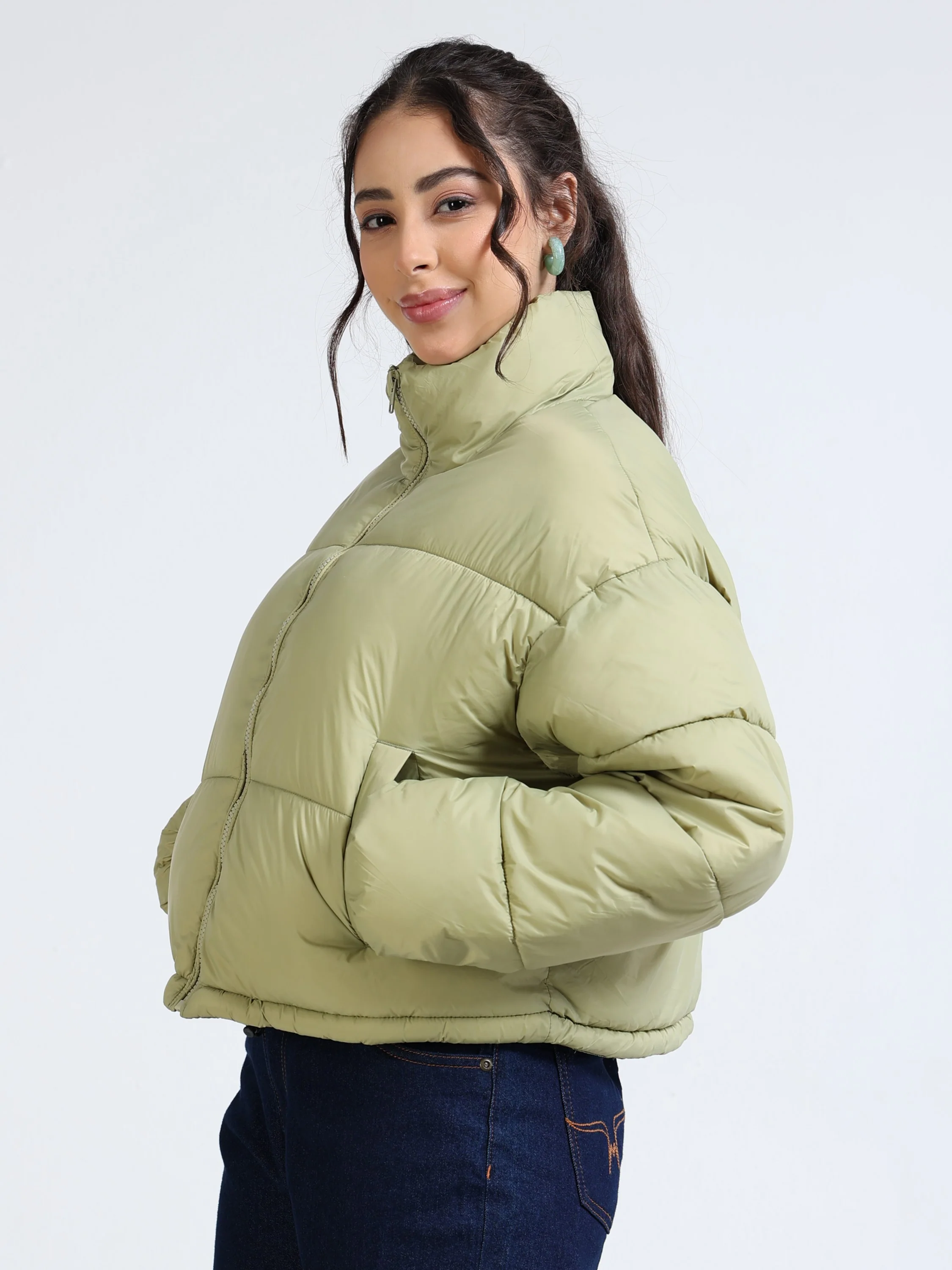 Women Light Green Puffer Jacket - Image 6