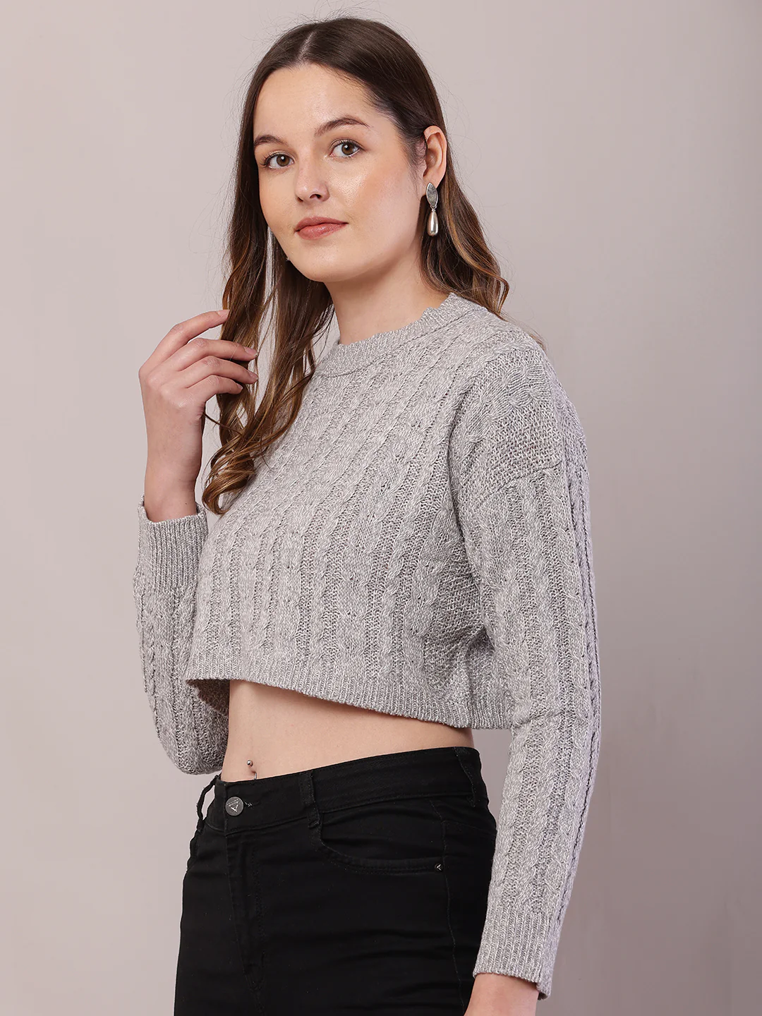 Women Light Grey Acrylic Round Neck Crop Sweater - Image 2