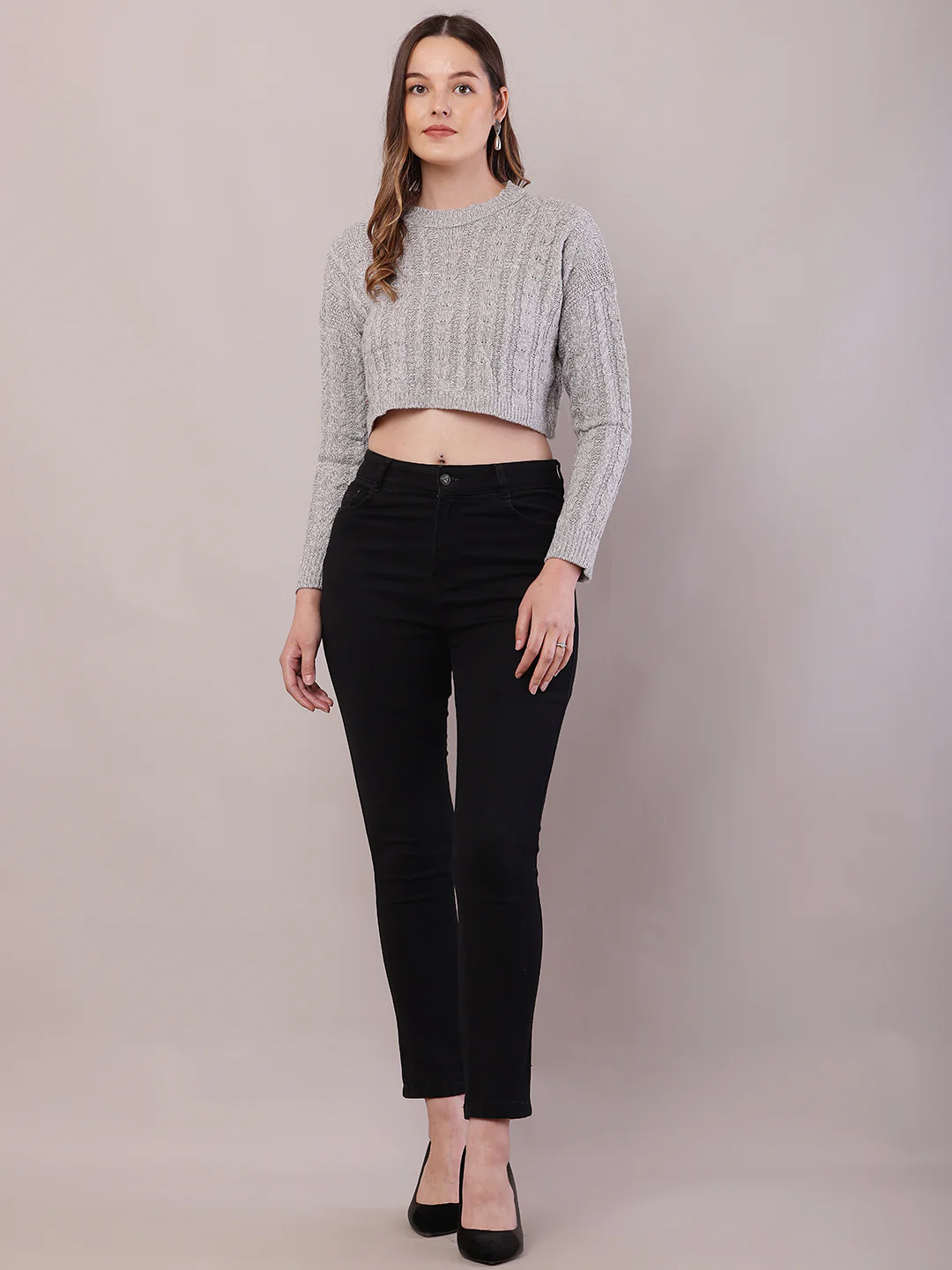 Women Light Grey Acrylic Round Neck Crop Sweater - Image 3