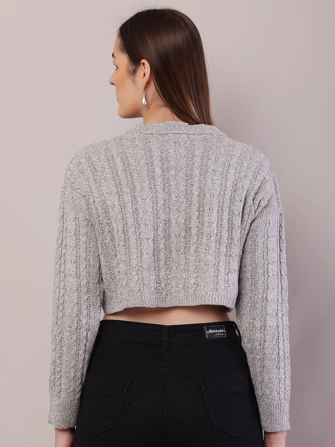 Women Light Grey Acrylic Round Neck Crop Sweater - Image 4