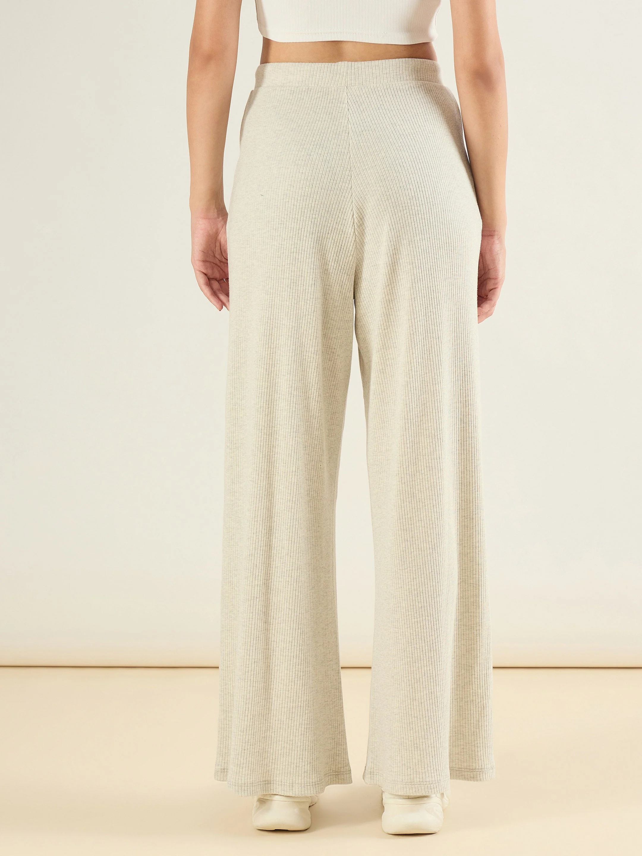 Women Light Grey Melange Rib Drawstring Pants - Image 2