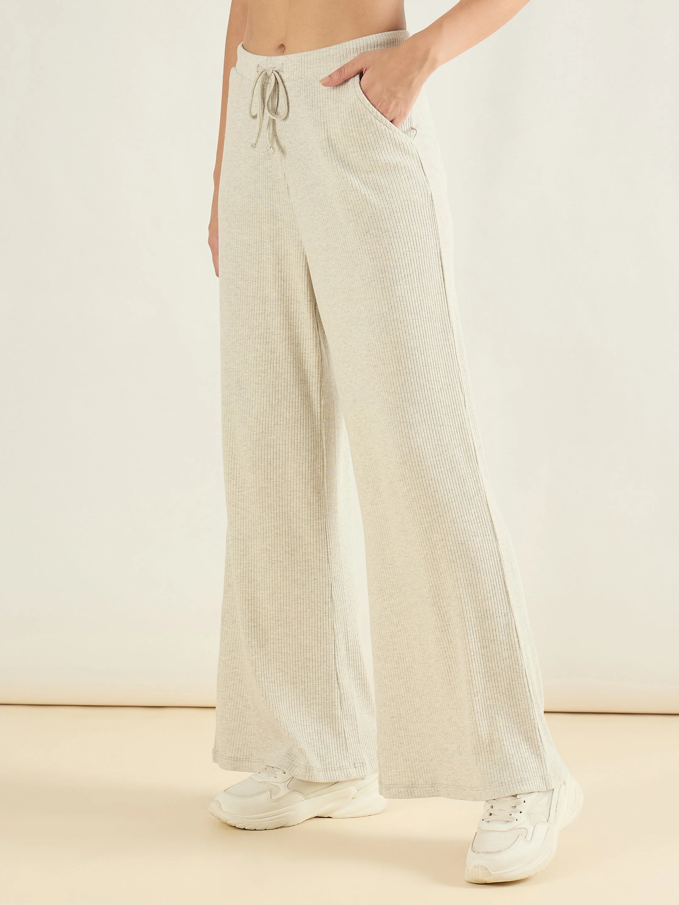 Women Light Grey Melange Rib Drawstring Pants - Image 4