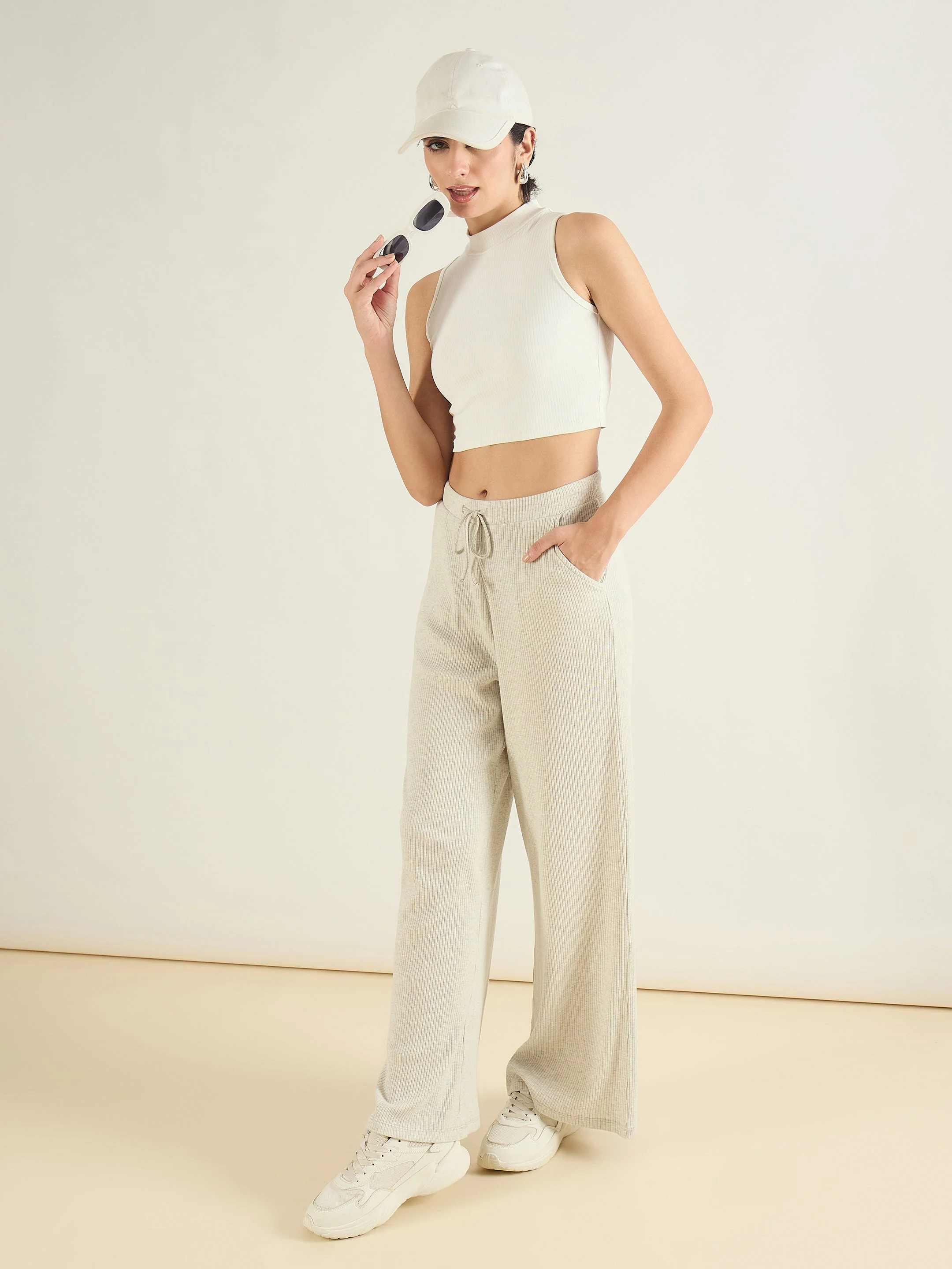 Women Light Grey Melange Rib Drawstring Pants - Image 5