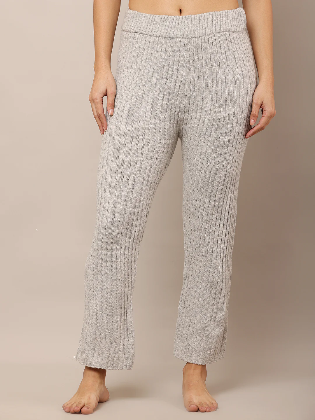 Women Light Grey Ribbed Acrylic Trousers - Image 2