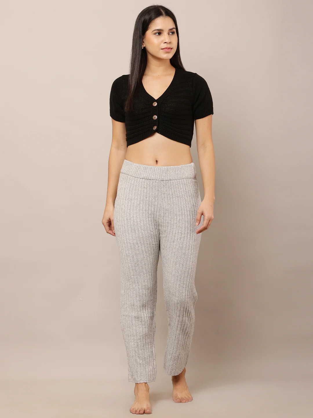 Women Light Grey Ribbed Acrylic Trousers - Image 3