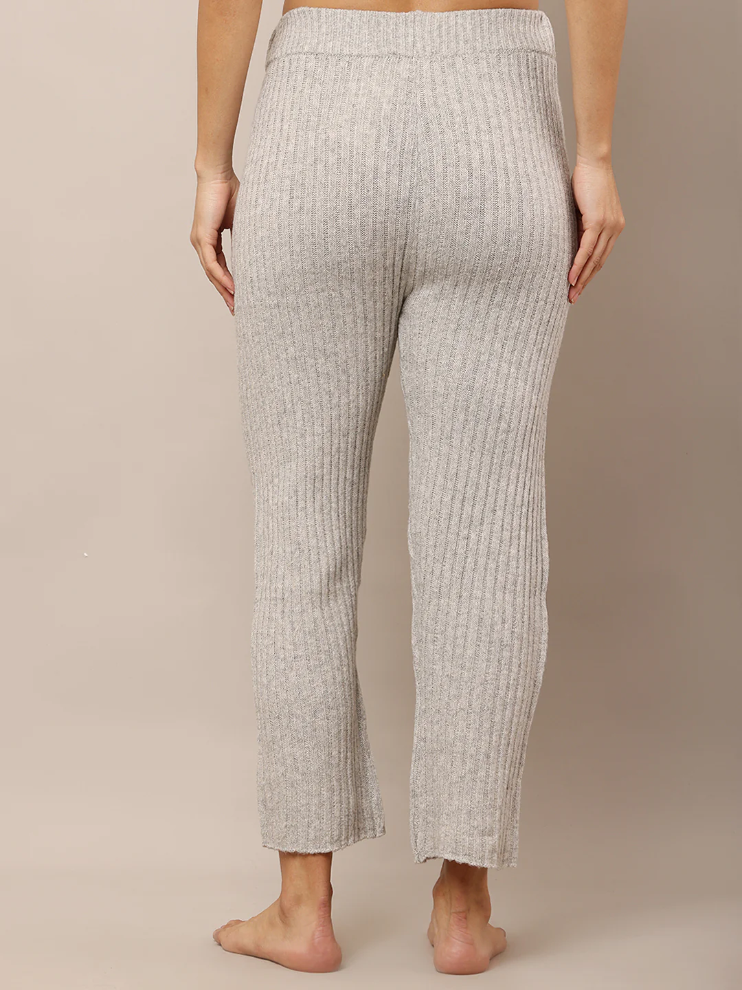 Women Light Grey Ribbed Acrylic Trousers - Image 4