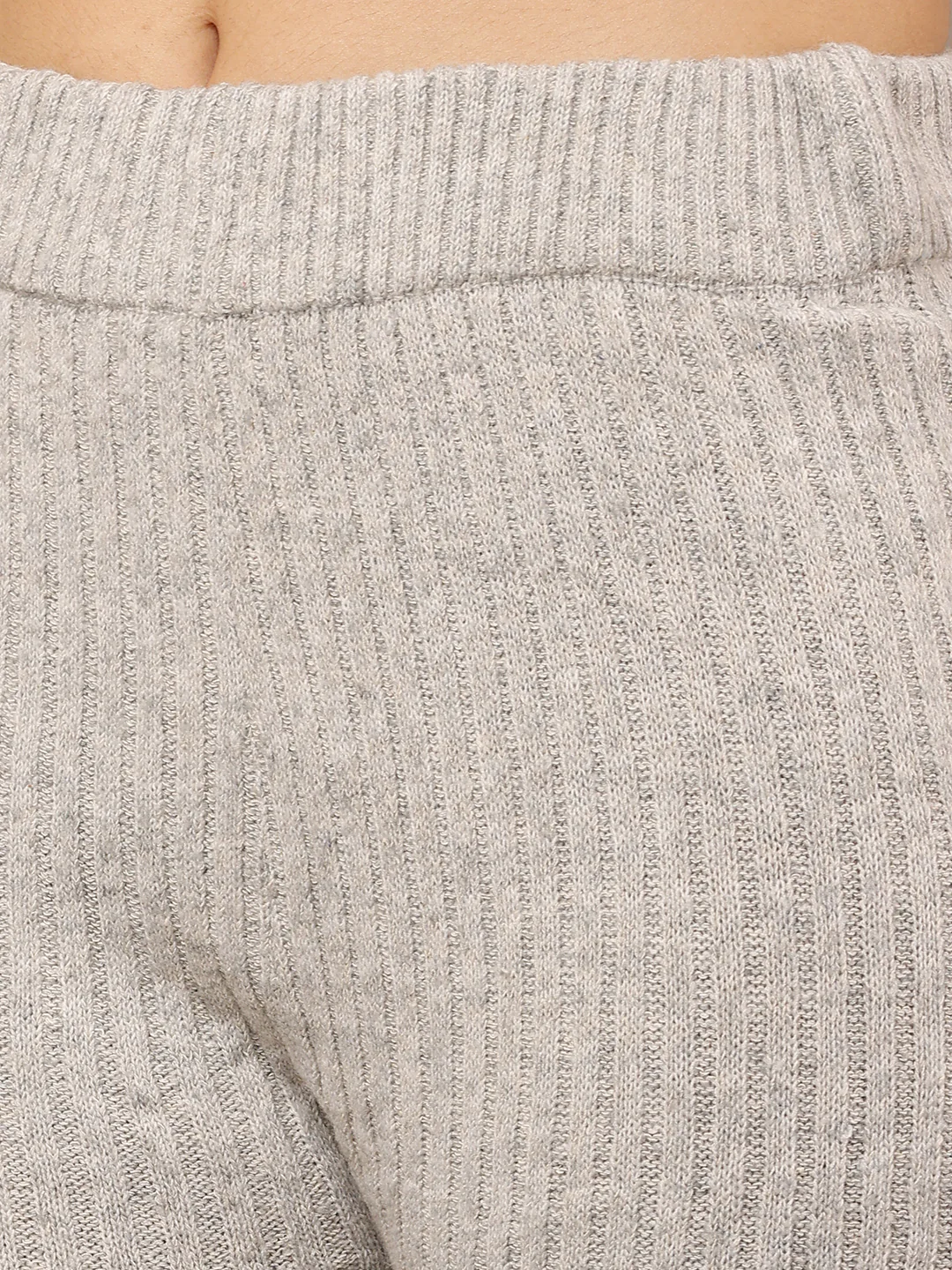 Women Light Grey Ribbed Acrylic Trousers - Image 5