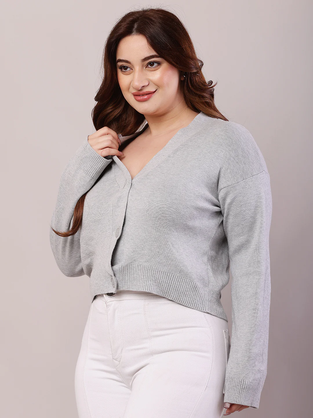 Women Light Grey Viscose Full Sleeve Cardigan - Image 2