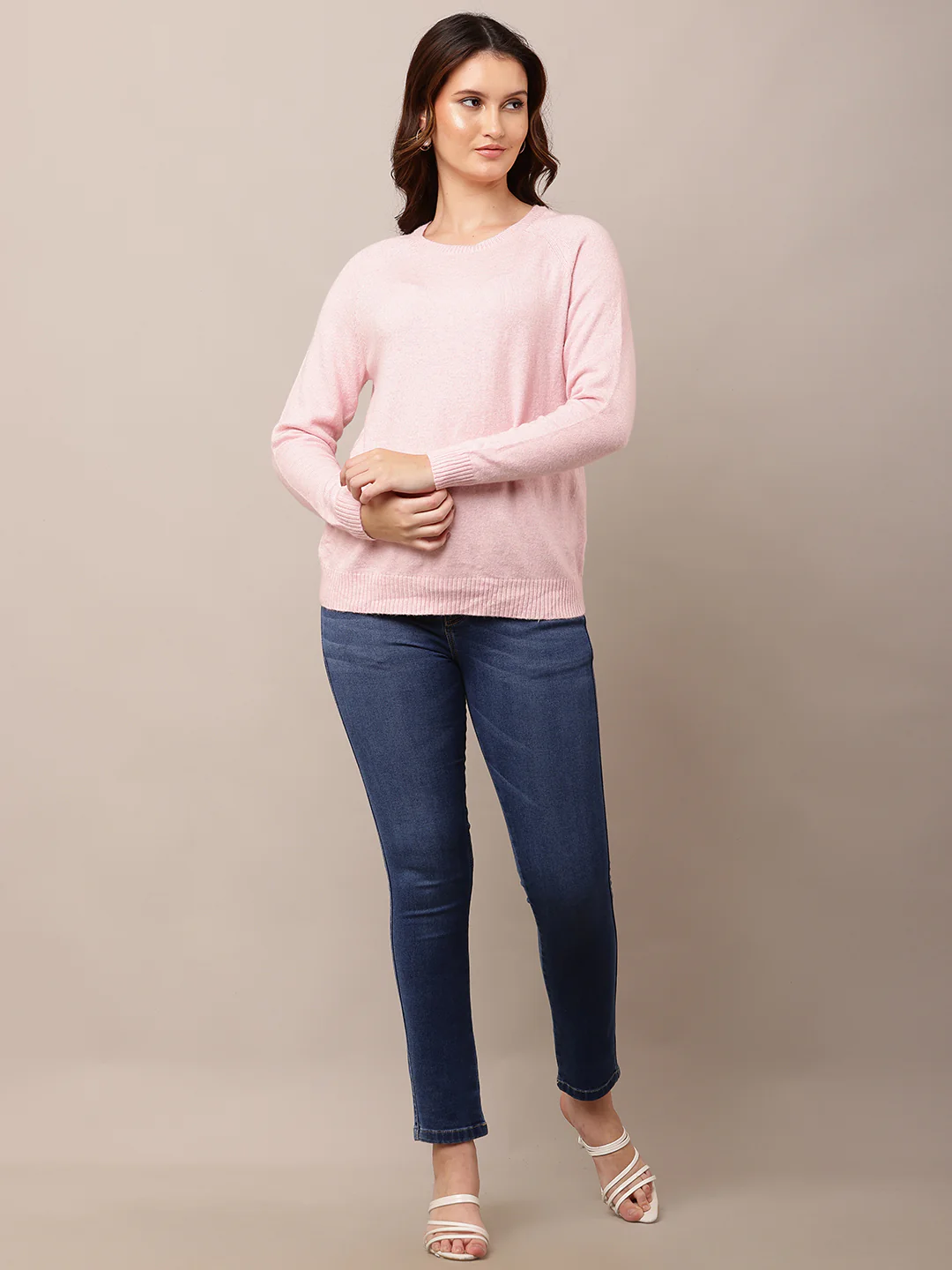 Women Light Pink Round Neck Full Sleeve Sweater - Image 3
