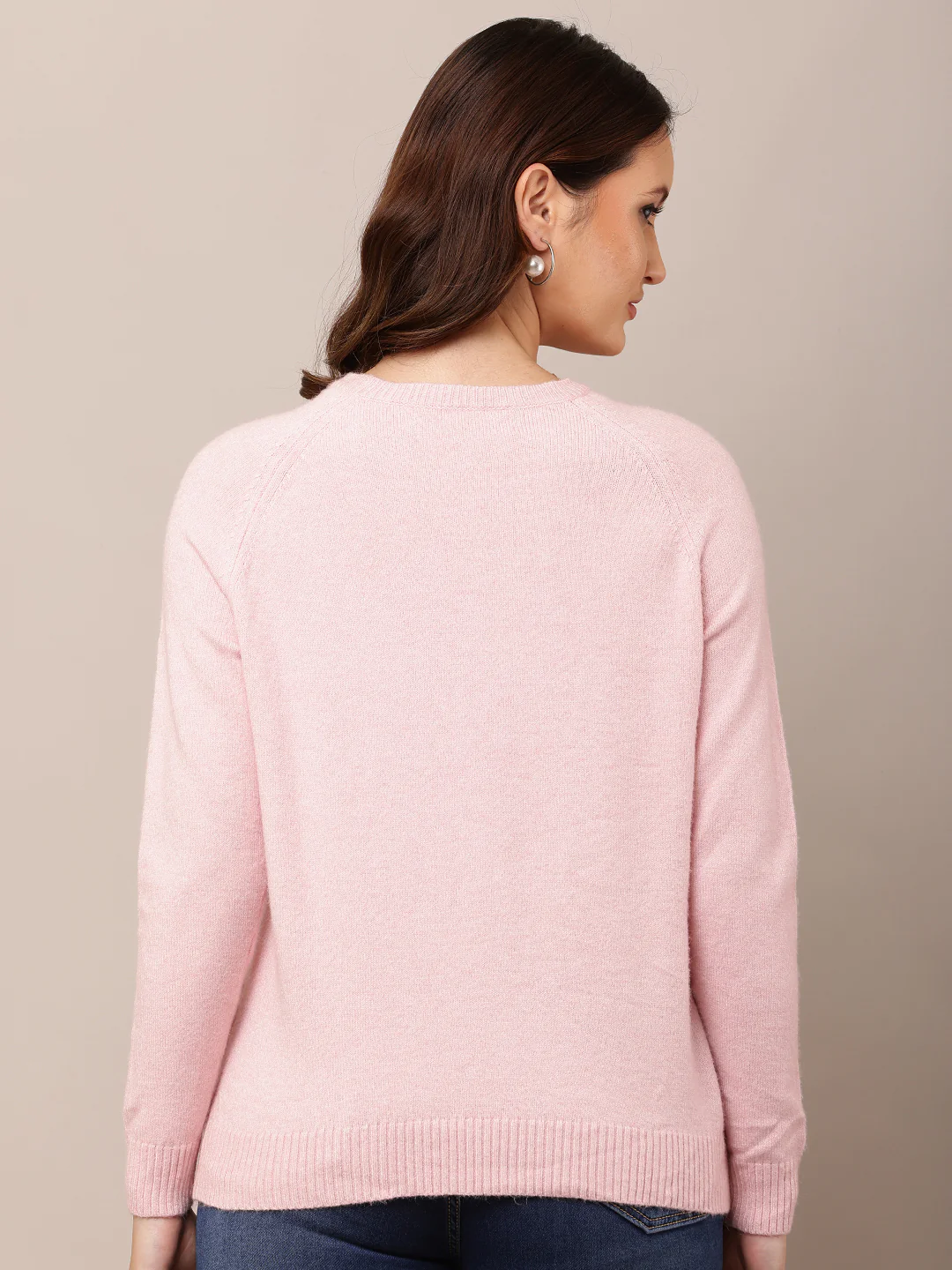 Women Light Pink Round Neck Full Sleeve Sweater - Image 4