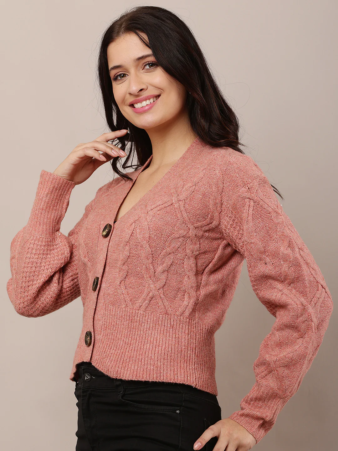 Women Light Red V-Neck Cardigan - Image 2
