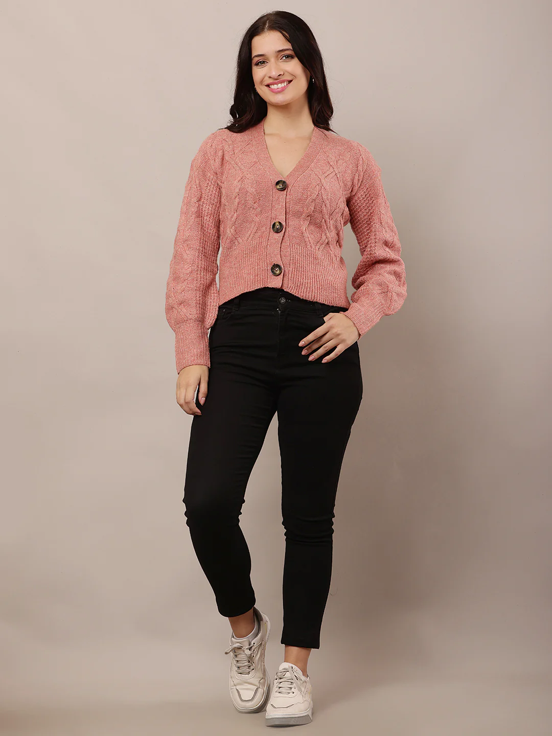 Women Light Red V-Neck Cardigan - Image 3