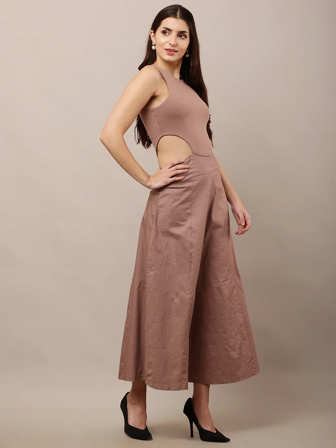 Women Light Taupe Cotton Office Dress - Image 2