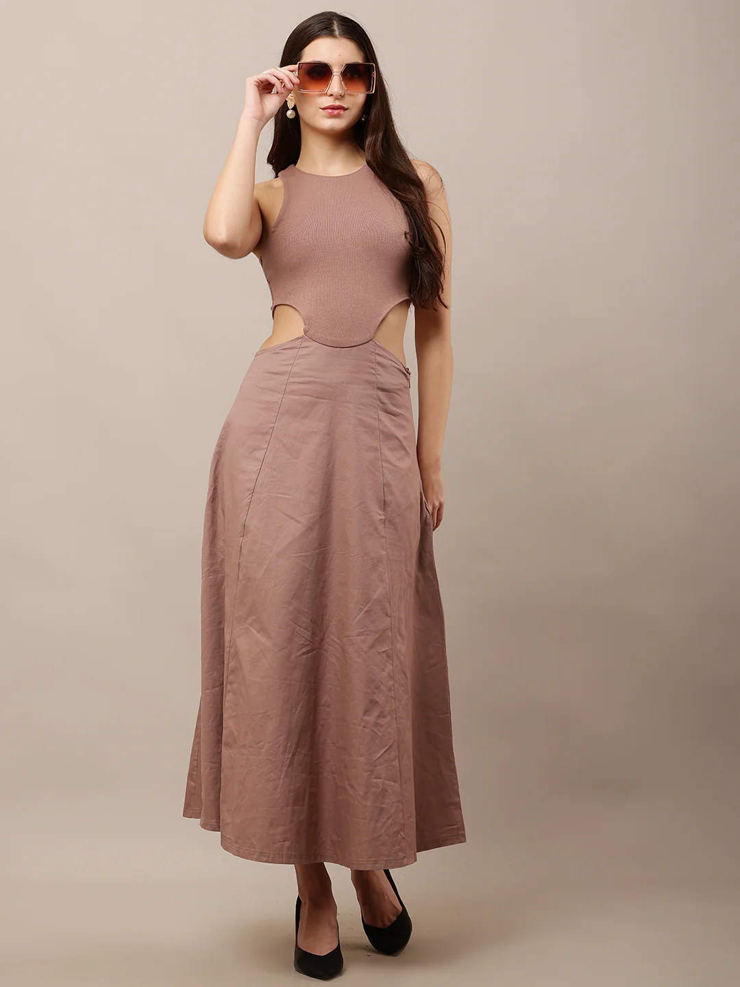 Women Light Taupe Cotton Office Dress - Image 3