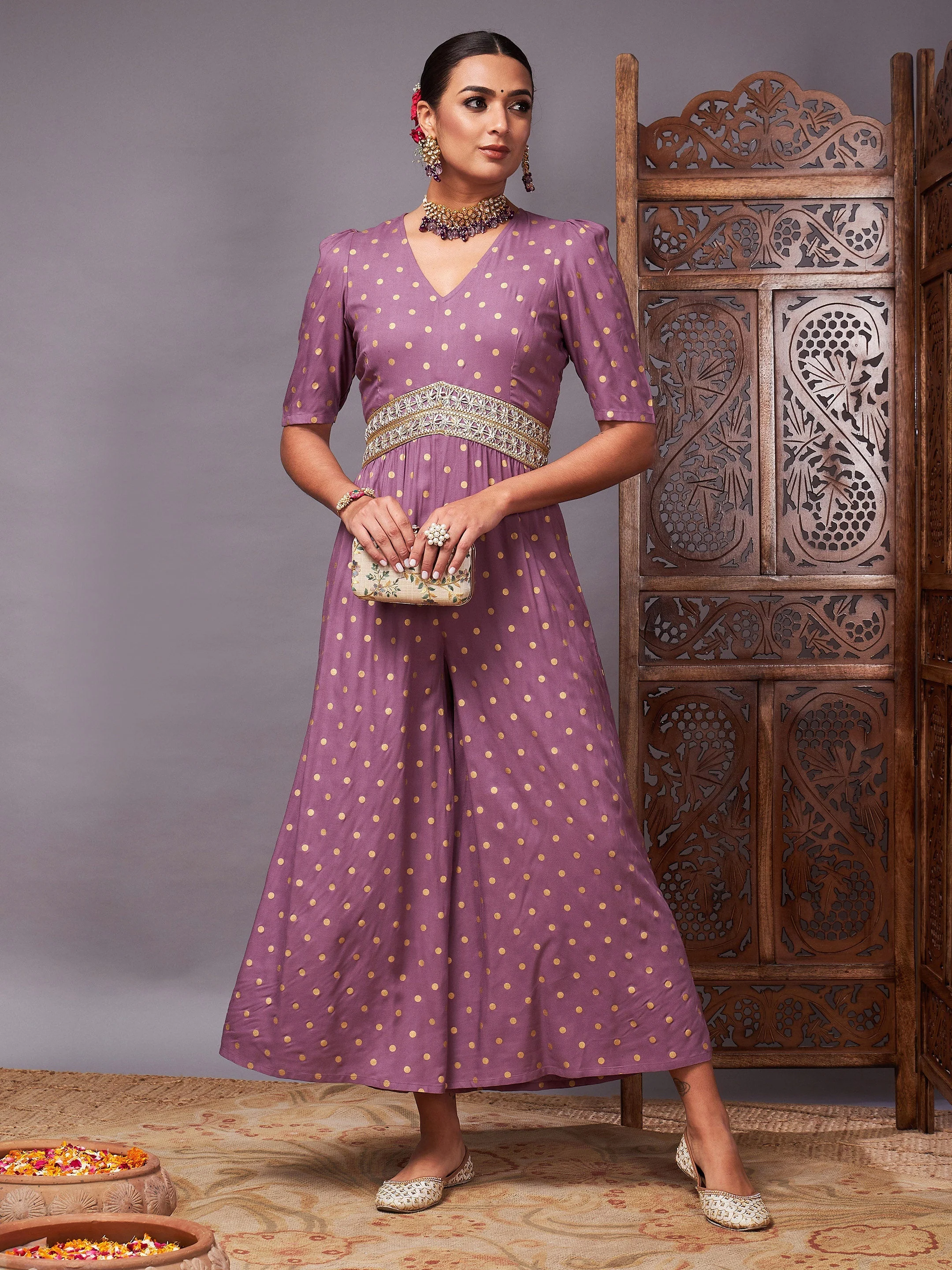 Women Lilac Foil Print Lace Detail Jumpsuit - Image 2