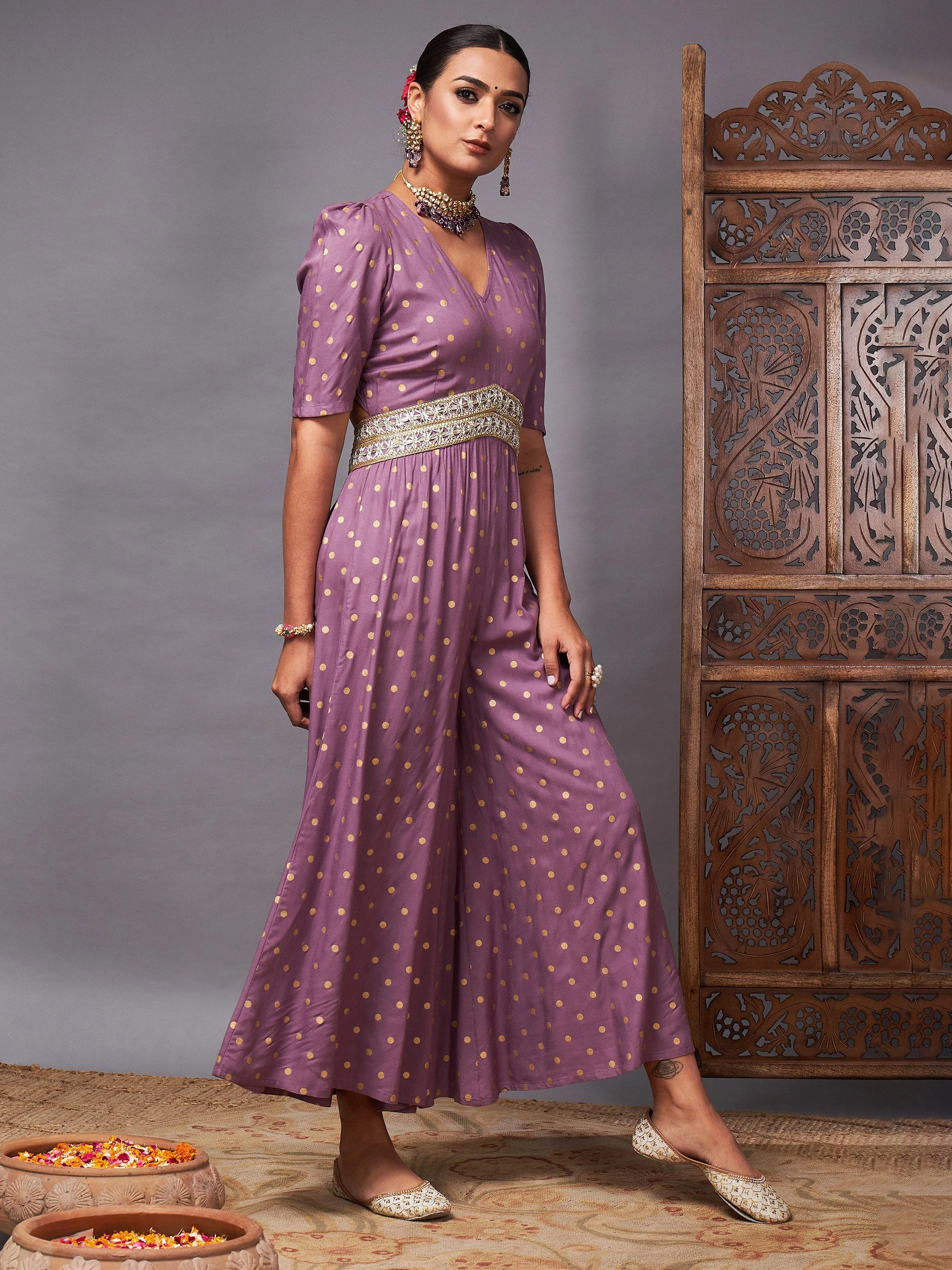 Women Lilac Foil Print Lace Detail Jumpsuit - Image 3