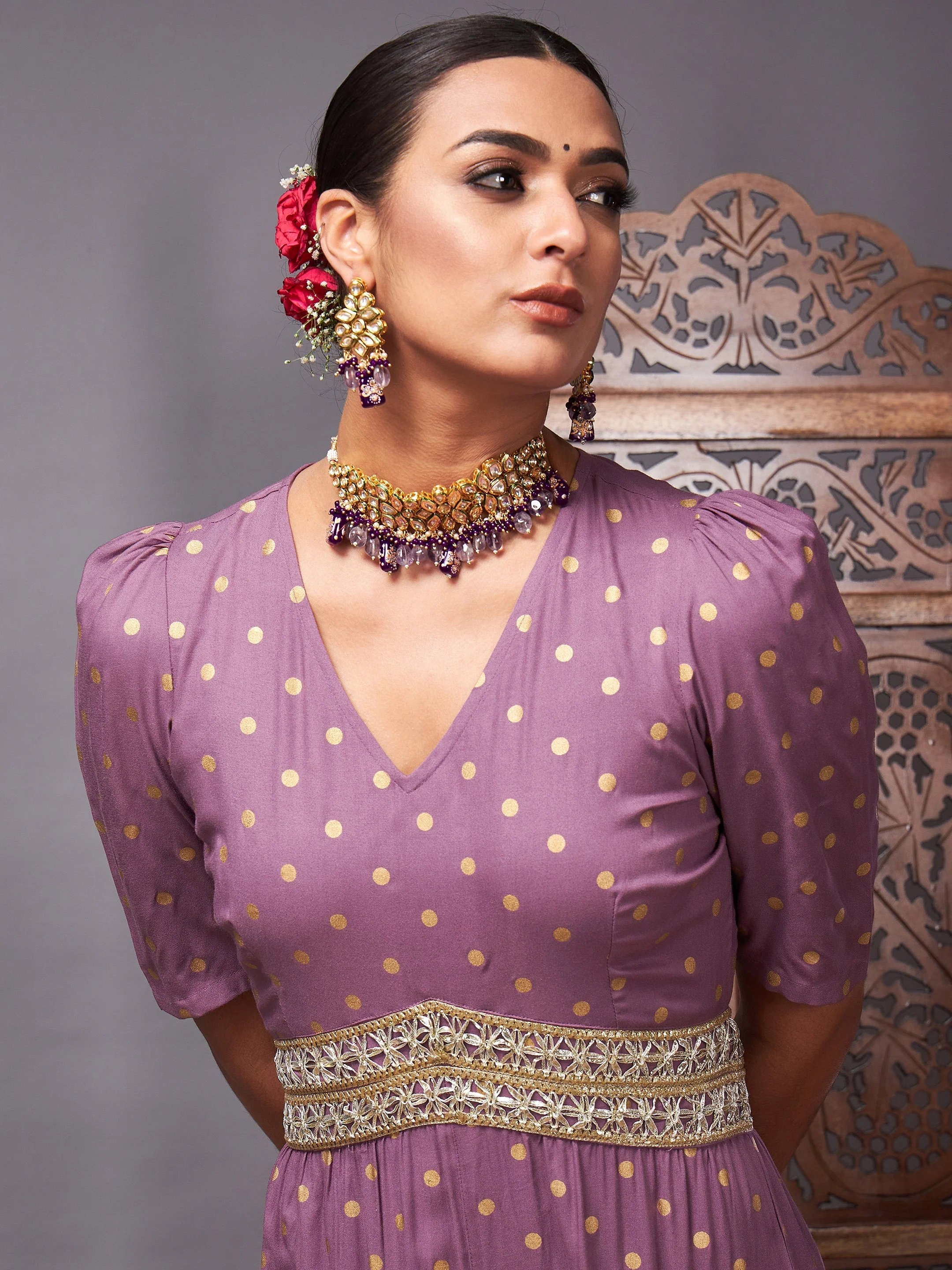 Women Lilac Foil Print Lace Detail Jumpsuit - Image 4