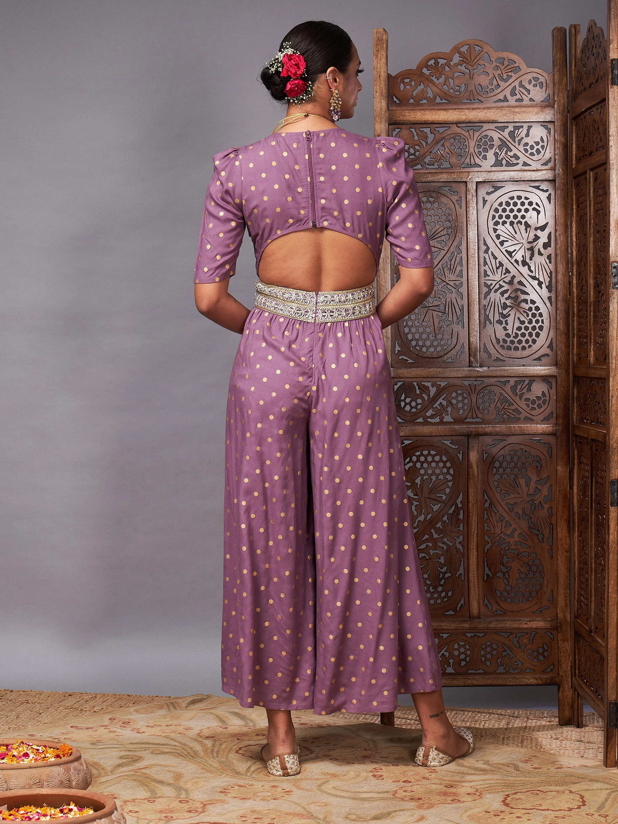 Women Lilac Foil Print Lace Detail Jumpsuit - Image 5