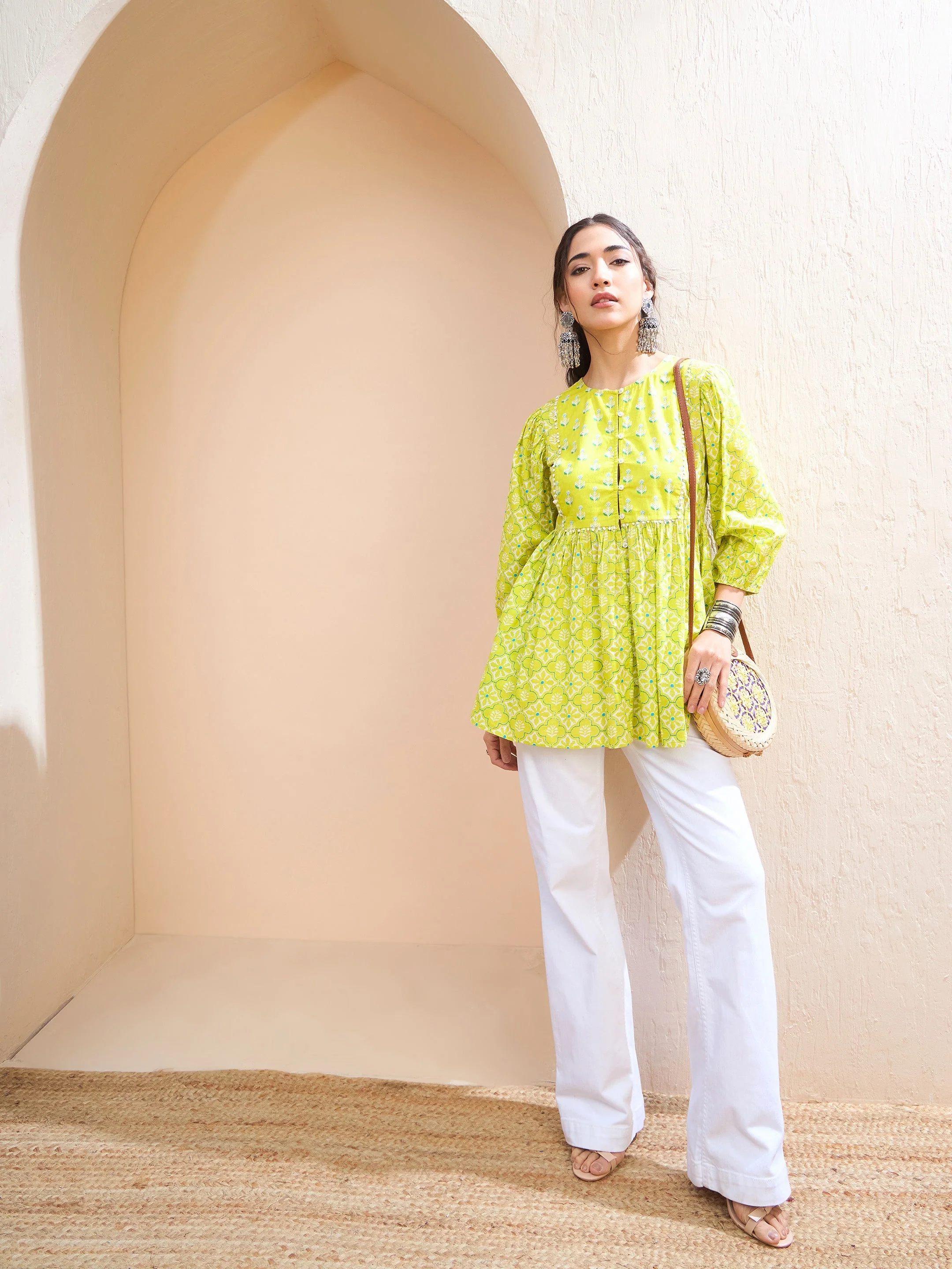 Women Lime Green Floral Buttonned Lace Neck Gathered Kurti - Image 2