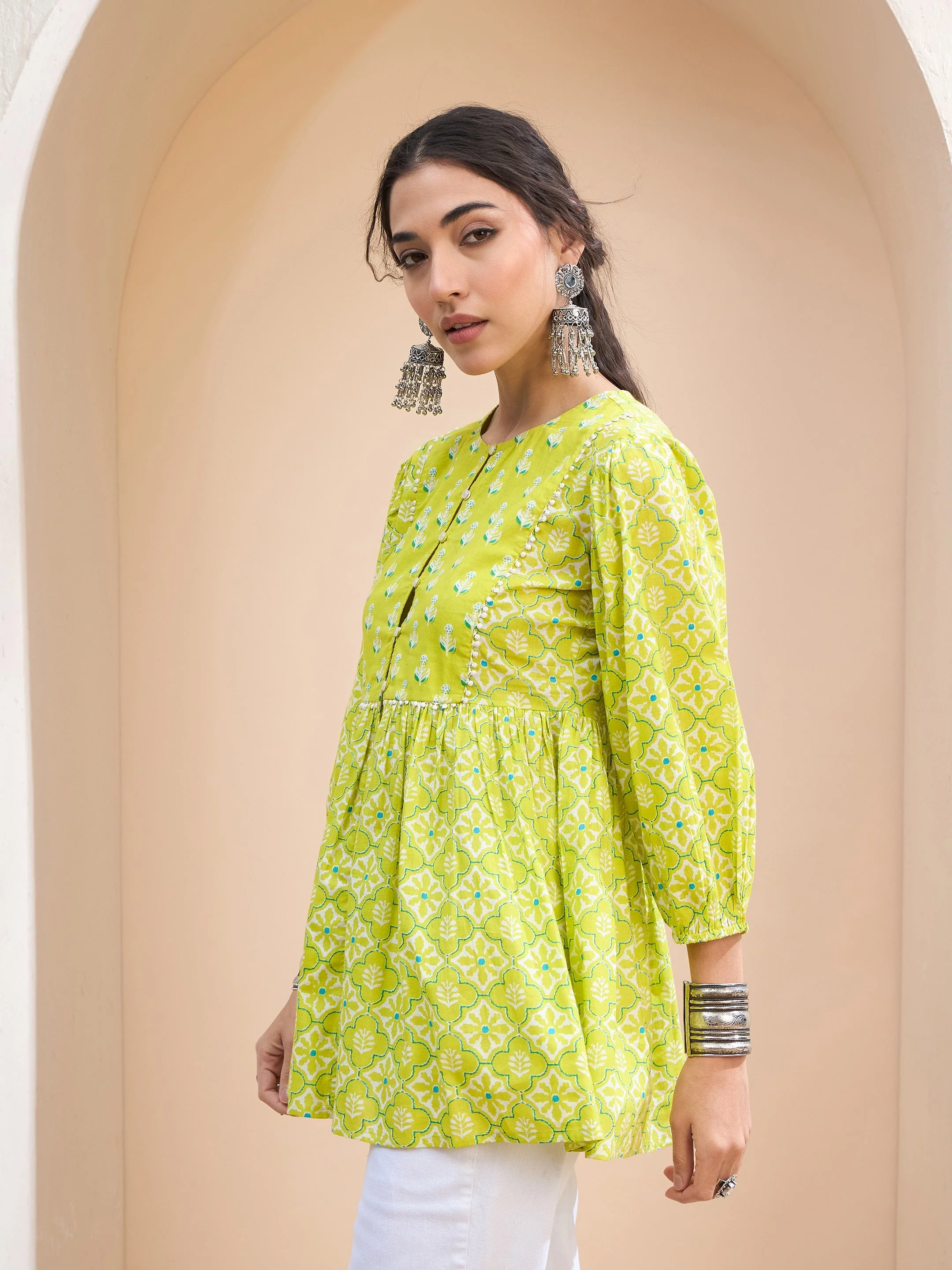 Women Lime Green Floral Buttonned Lace Neck Gathered Kurti - Image 3