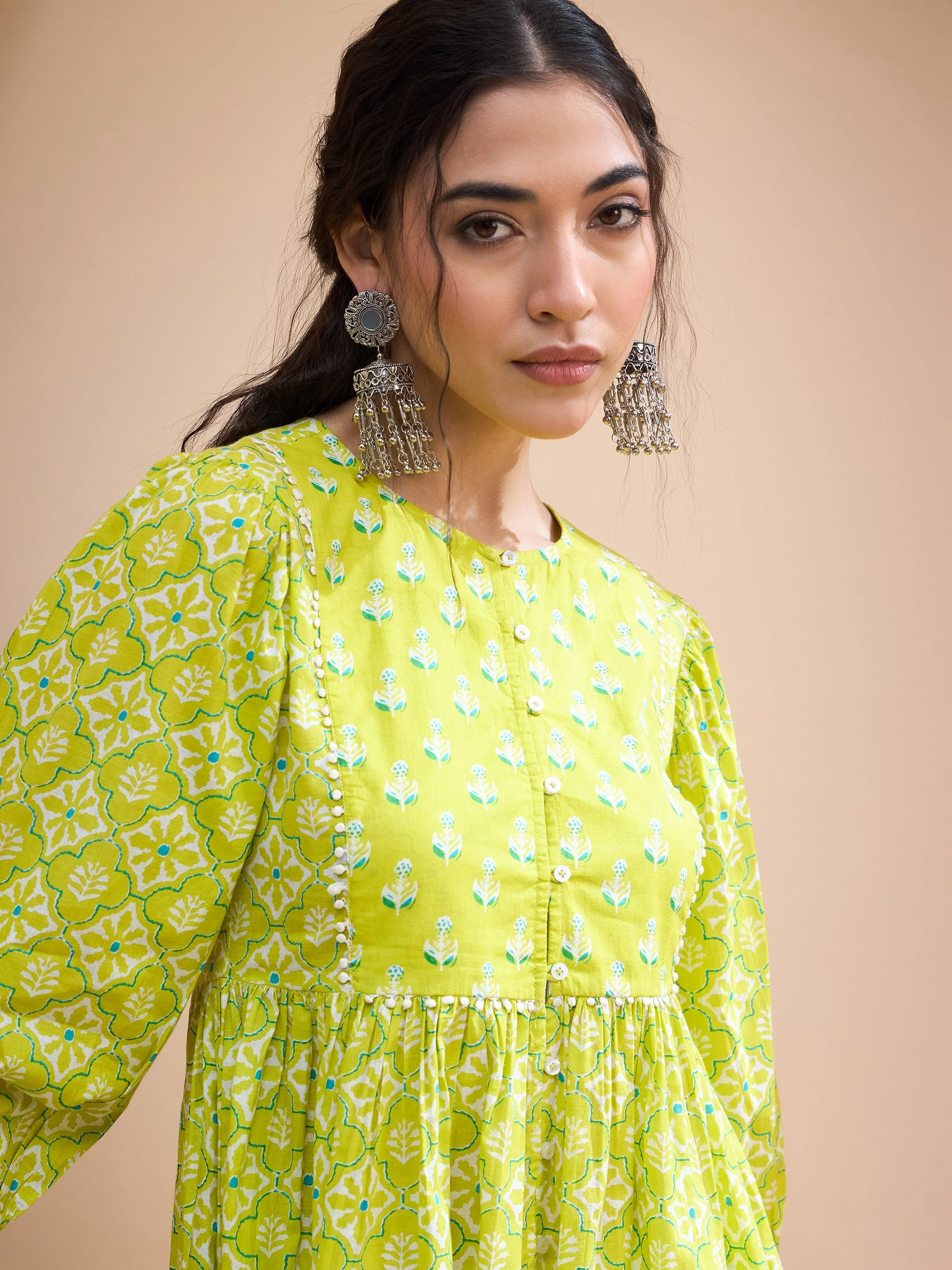 Women Lime Green Floral Buttonned Lace Neck Gathered Kurti - Image 4