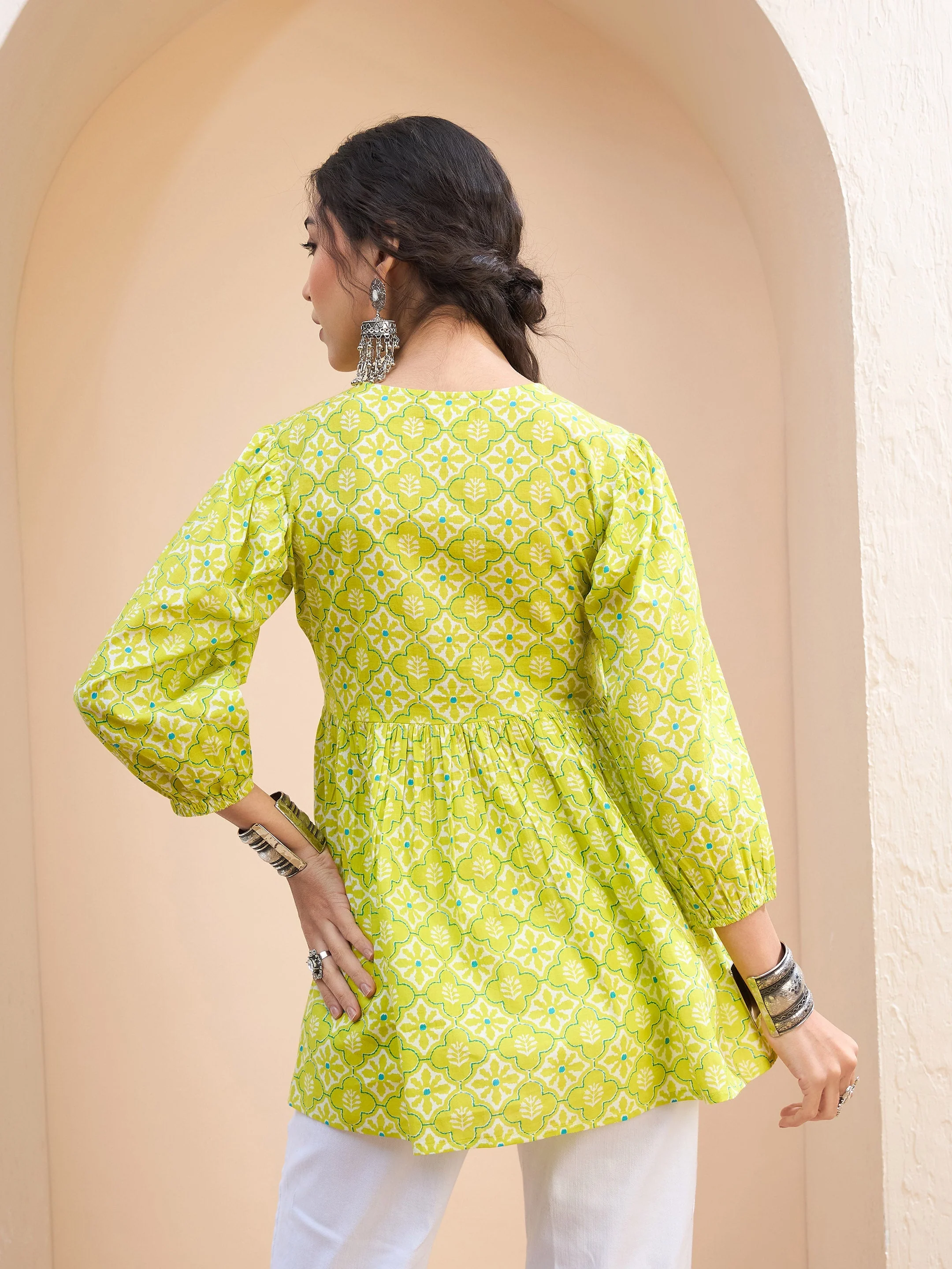Women Lime Green Floral Buttonned Lace Neck Gathered Kurti - Image 5