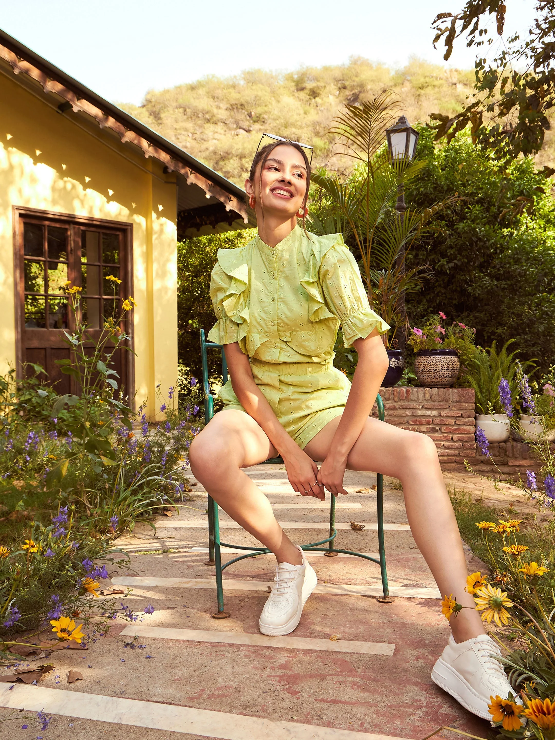 Women Lime Green Schiffli Puff Sleeves Shirt With Paperwaist Shorts - Image 2