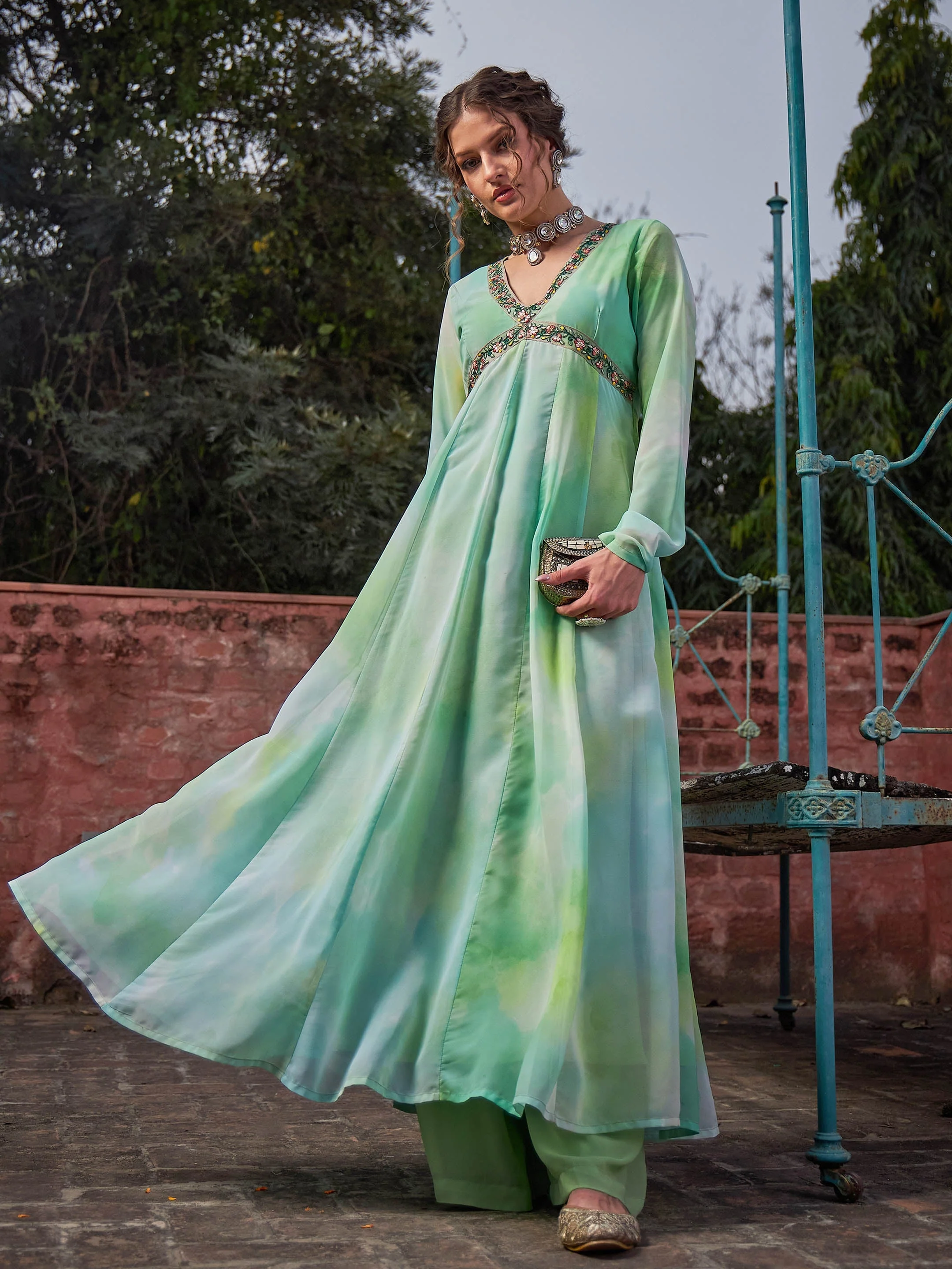 Women Lime Green Tie & Dye V Neck Anarkali Kurta - Image 2