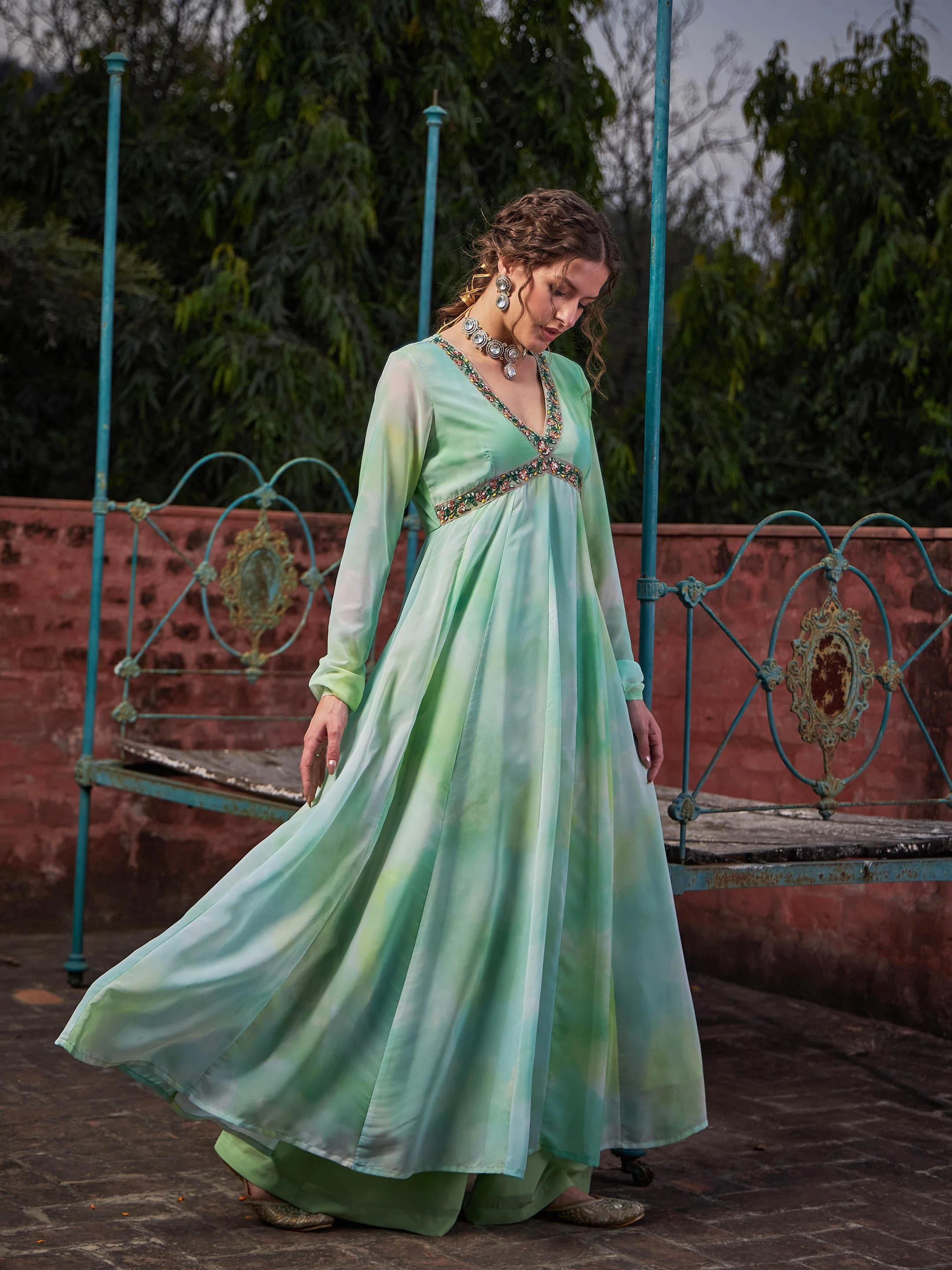 Women Lime Green Tie & Dye V Neck Anarkali Kurta - Image 3