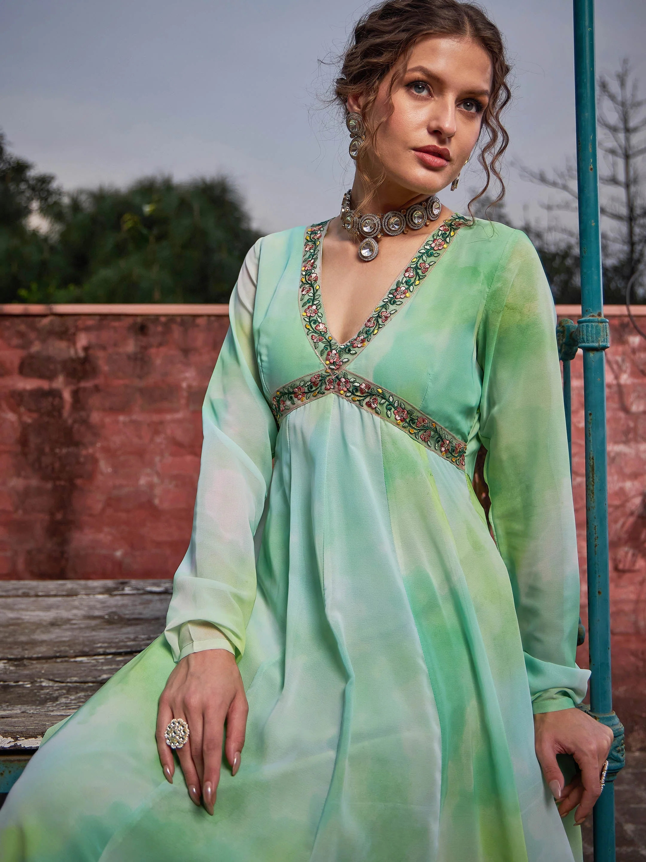 Women Lime Green Tie & Dye V Neck Anarkali Kurta - Image 4
