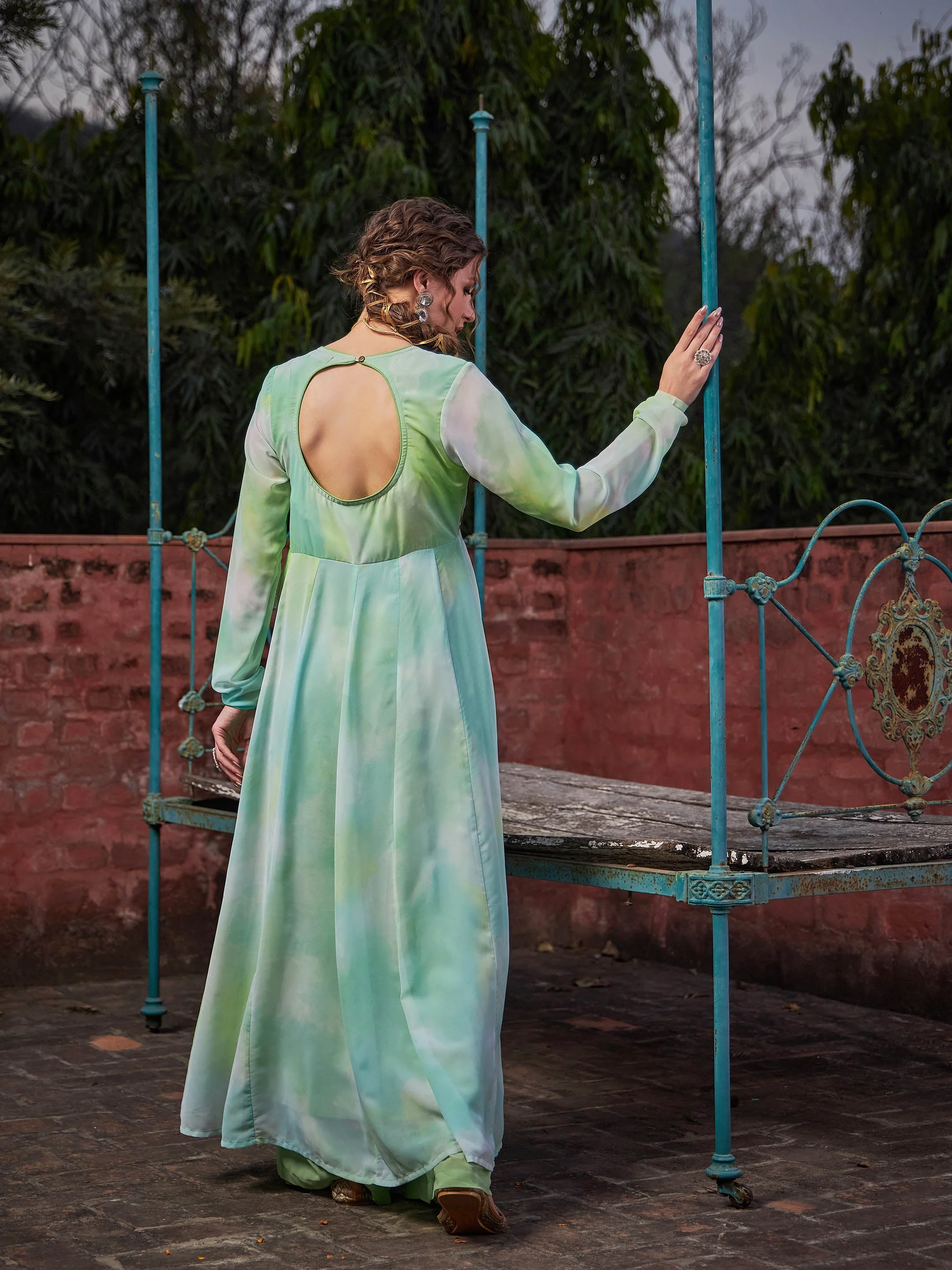 Women Lime Green Tie & Dye V Neck Anarkali Kurta - Image 5