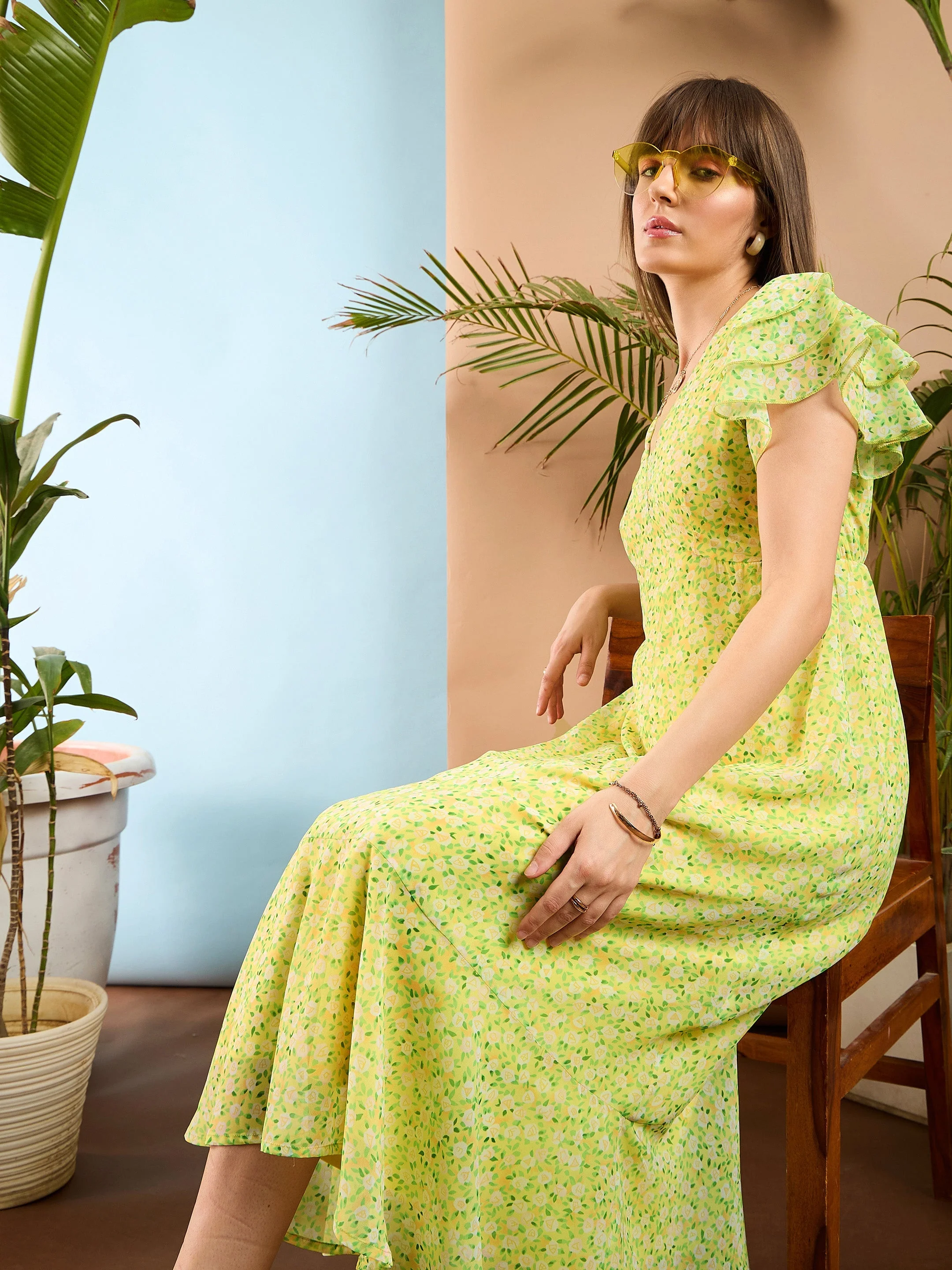 Women Lime Yellow Ditsy Floral Flared Sleeve Midi Dress - Image 4