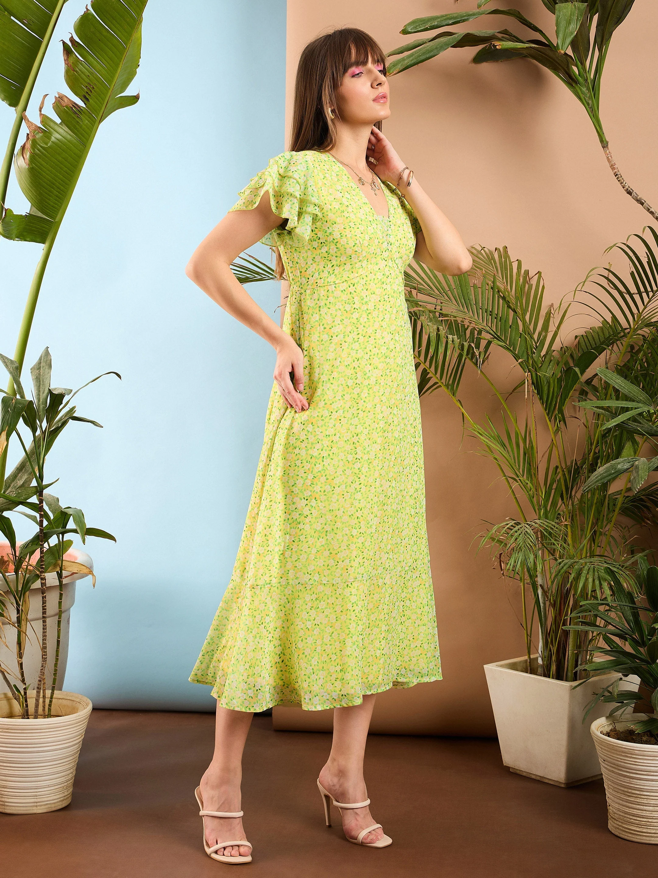 Women Lime Yellow Ditsy Floral Flared Sleeve Midi Dress - Image 5