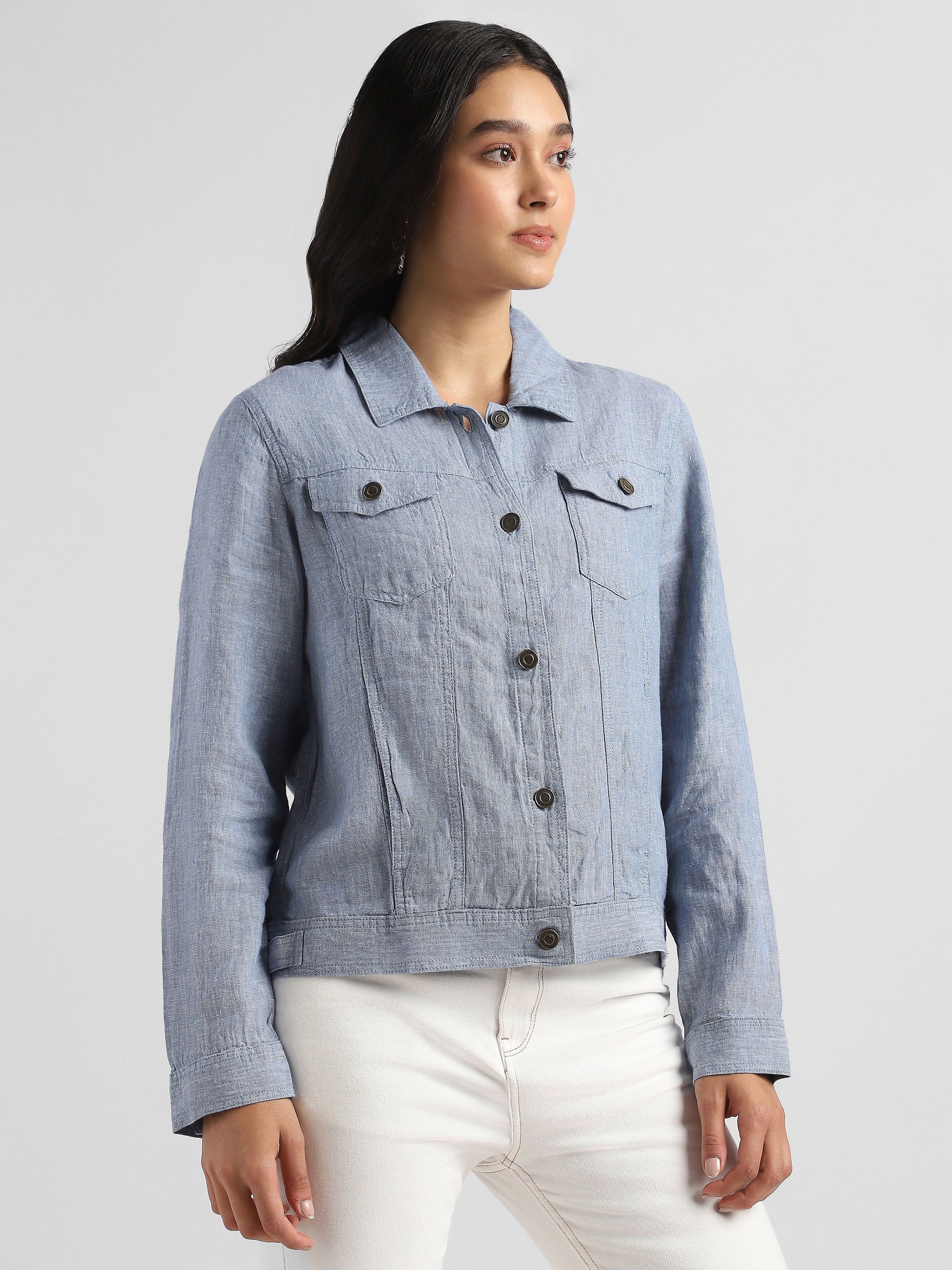 Women Linen Blue Shacket - Image 3