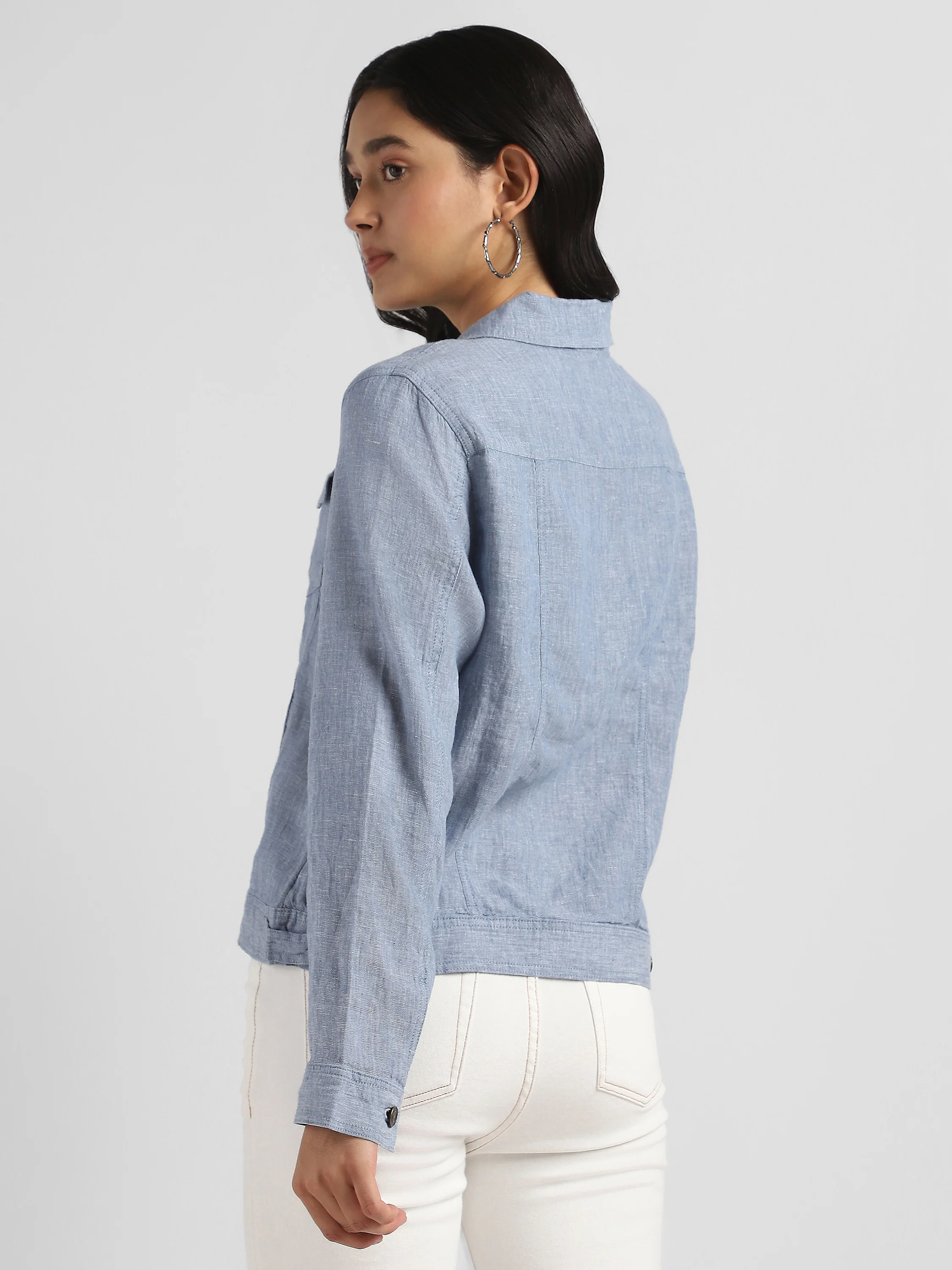 Women Linen Blue Shacket - Image 4