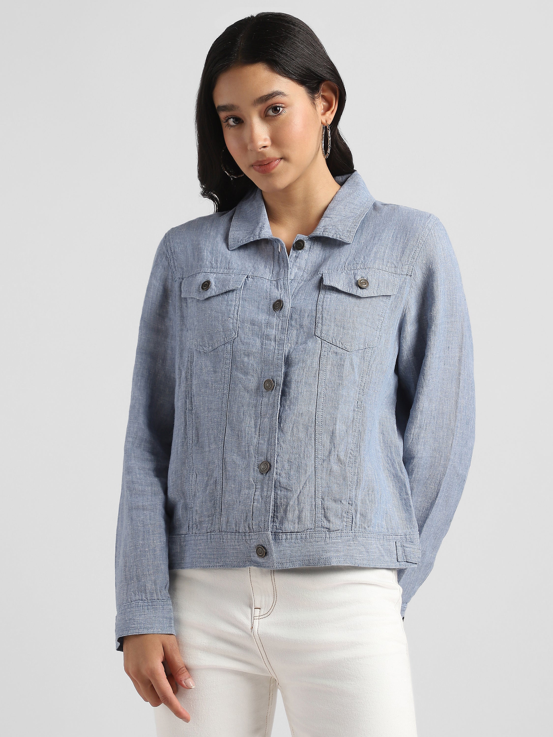Women Linen Blue Shacket - Image 5