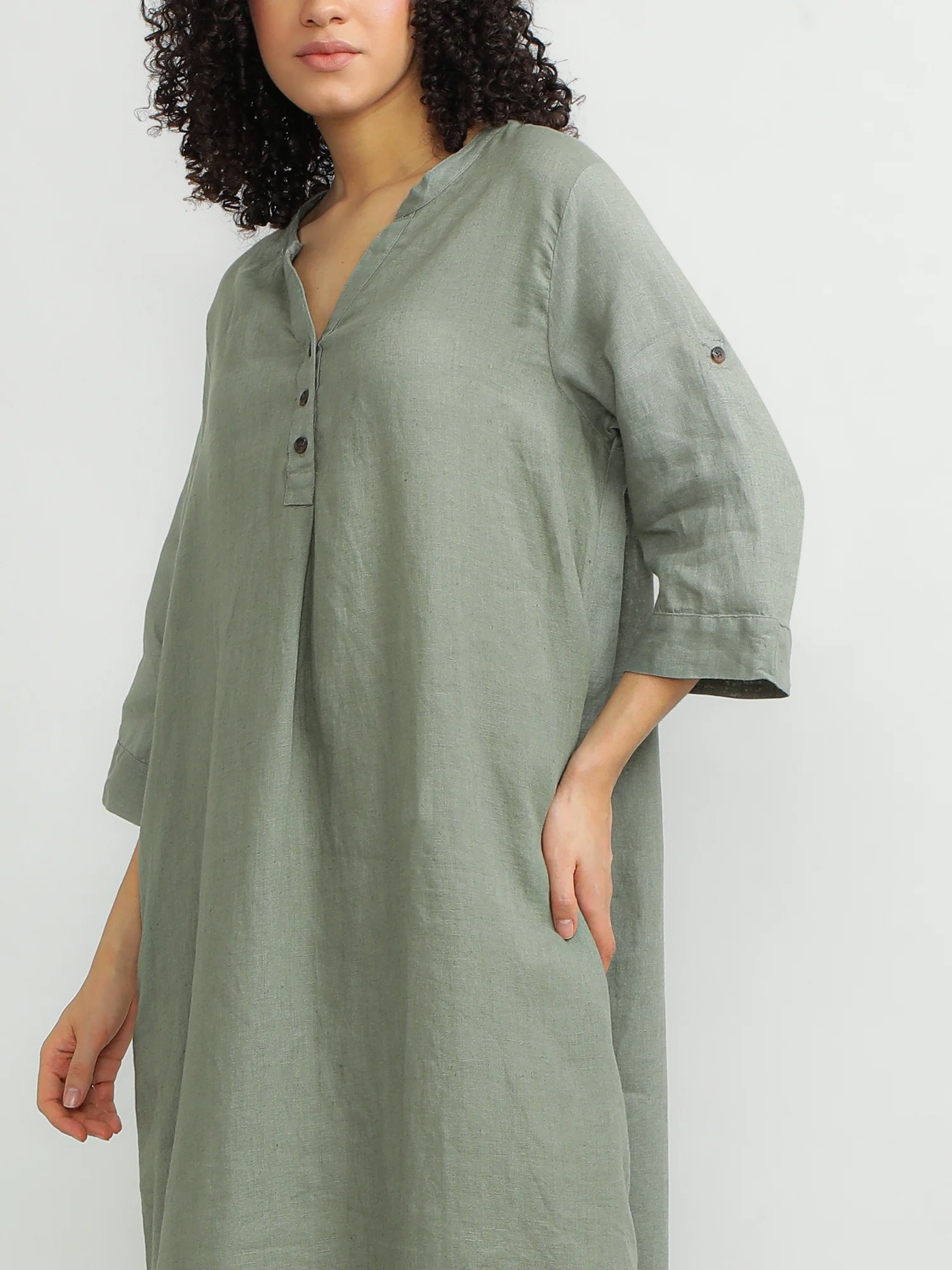 Women Linen Green Breezy Dress - Image 2