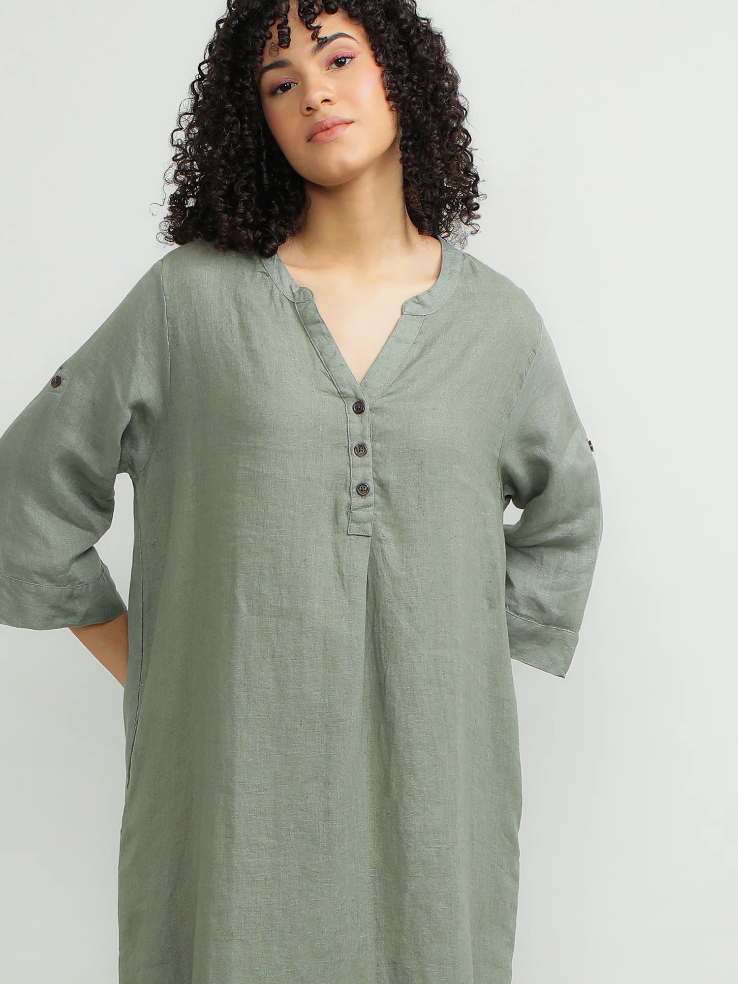 Women Linen Green Breezy Dress - Image 3